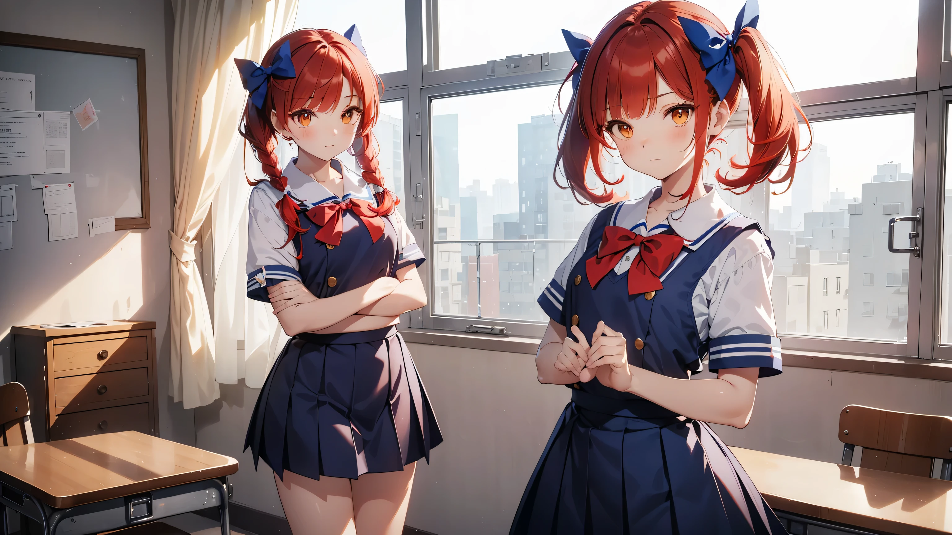 ((Calidad superior, ultra detallado, high resolution, CG extremadamente detallado, fondo de pantalla de unidad 8k, por artista famoso, perfect anatomy, super detailed skin, cinematic lighting, HD, retina, anatomically correct, 1080P)), (Por favor, draw a single happy girl walking in a school classroom. :1.3), ((1 chica)), (Solo, rostro,13歳:2.0), Un estudiante de secundaria, Androgynous Amulet, (pelo medio, ((pelo rojo completo)) ((pelirrojo)), coletas, flequillo recto, with a little bow in her hair) Extremidades completas, dedos completos, ((Dedos perfectos)), pecho plano, Cuerpo , Small rear, ingle, Hermosos ojos llenos de oro amarillo detallados., ojos perfectos, uniforme escolar marinero blanco y azul ((la blusa es blanca, la falda es azul, lazo rojo en la blusa, Cuello marinero azul, mangas cortas:)) (Detailed lighting), (antecedentes detallados), (en la zona escolar), vista de cuerpo completo, de pie, piernas, zapatos uwabaki. lindo, chica soltera kawaii (una chica), Toma de cuerpo completo. El fondo es la escuela., cuerpo delantero, I want to see her walking and see her in a vista de cuerpo completo, sin media, thin piernas, Small height, tender rostro