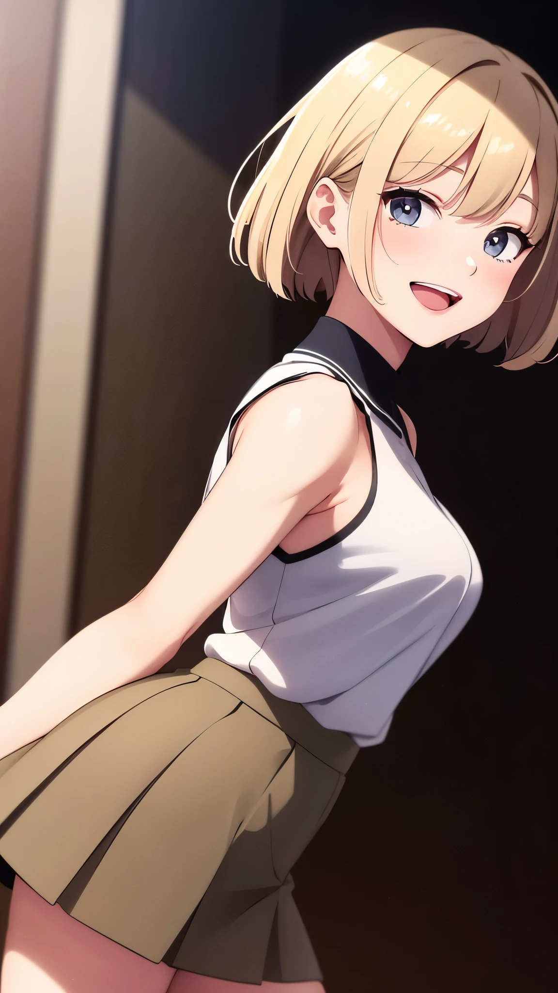 best quality, detailed face, 1girl, middle breast, smile, open mouth, casual short shirt, mini skirt, good anatomy, looking at viewer, soft focus, cinematic lighting, depth of field, happy expression, black sleeveless shirt, gray skirt, short blonde hair,