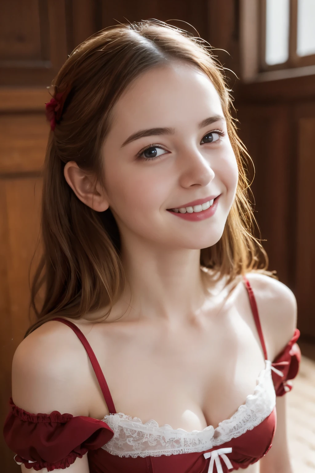 Masterpiece, Best quality, 8k, 18 ans, Photo brute, absurdes, Award-winning portrait, sourire, sourire, pure, German, cherrydress lingerie