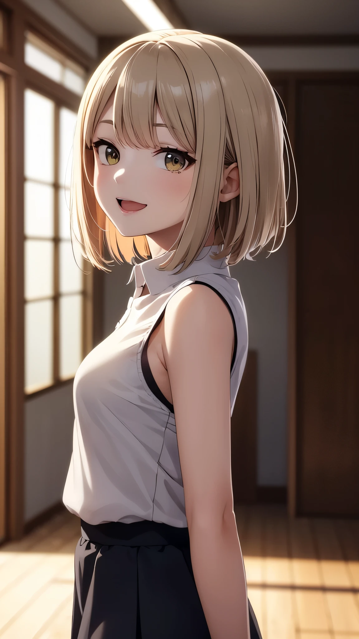 best quality, detailed face, 1girl, middle breast, smile, open mouth, casual short shirt, mini skirt, good anatomy, looking at viewer, soft focus, cinematic lighting, depth of field, happy expression, black sleeveless shirt, gray skirt, short blonde hair, from side