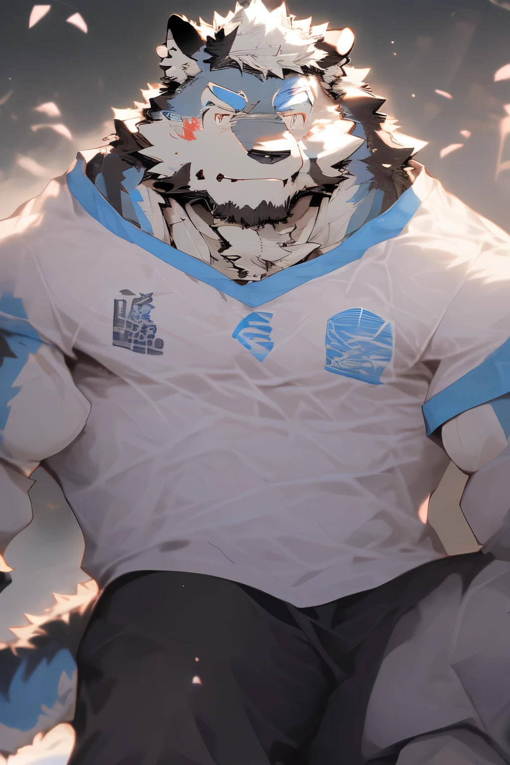 Concert,singer,microphone,hairy,Wolf,male,white fur,upper body shirt,Lower body sports shorts,close-up,Delicate eyes,Overall detailed,lifelike,cute,Sing