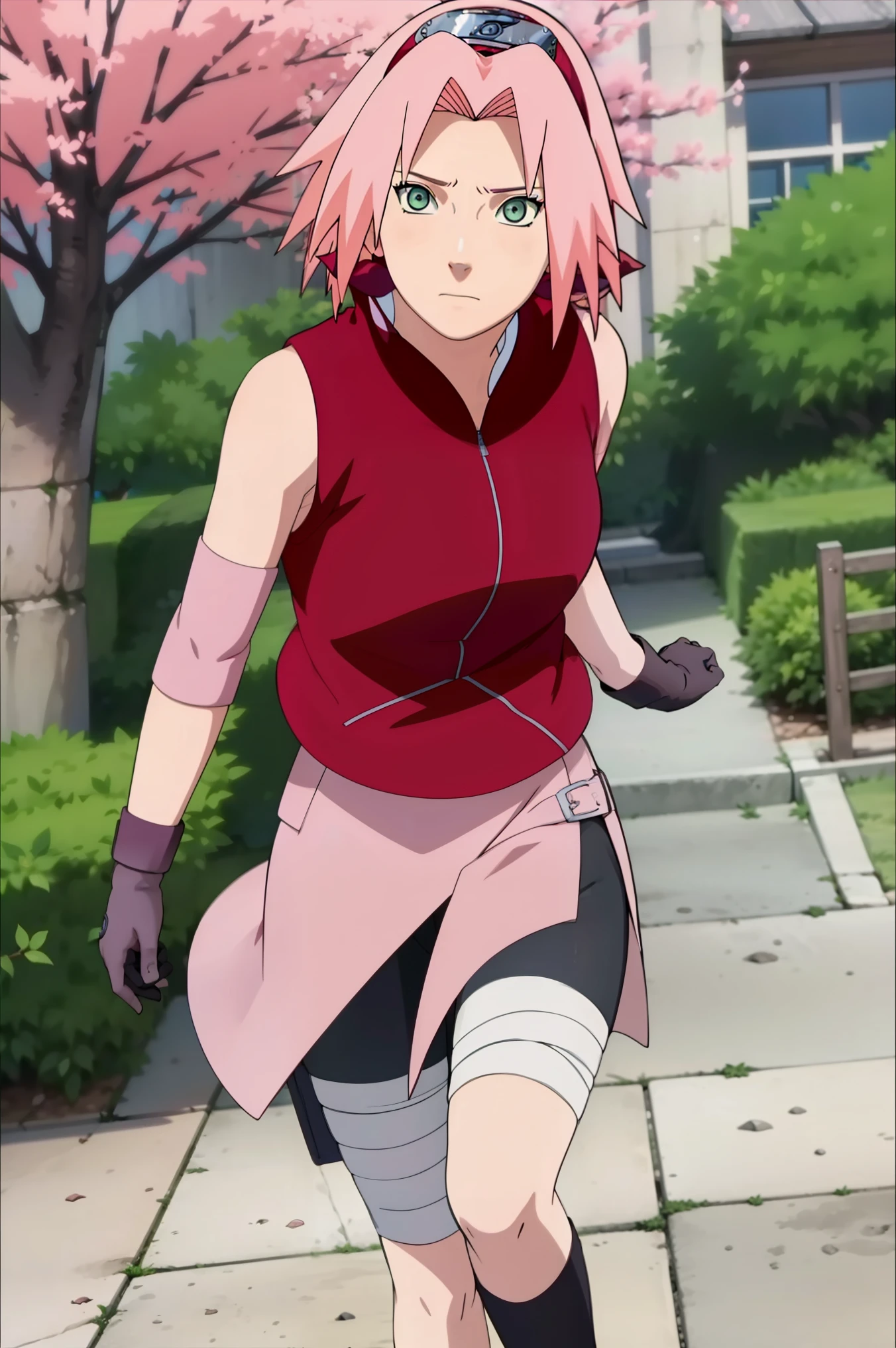 High-quality, ultra-detailed, realistic artwork of a scene from "Sakura Shippuden" with vivid colors, perfect for 4K or 8K resolutions. The scene depicts Sakura Haruno, a young woman, standing gracefully in a garden surrounded by blooming sakura (cherry blossom) trees. She is wearing a red jacket embroidered with the symbol of Konohagakure, the Hidden Leaf Village. Her leg is bandaged, indicating a recent injury. Sakura is wearing a short skirt and toeless footwear, emphasizing her femininity and agility. Sakura has shoulder-length bangs that softly frame her face, revealing her beautiful, green eyes. Her face is adorned with a forehead protector, which bears the Konohagakure symbol, signifying her allegiance to her village. The artwork showcases Sakura's attention to detail, including her long eyelashes, detailed lips, and delicate features, capturing her determination and inner strength. The lighting in the scene is soft and warm, casting a gentle glow on the petals of the sakura blossoms. The vibrant colors of the cherry blossoms contrast against Sakura's black short sleeves and gloves, adding depth to the composition. The overall color scheme leans towards pastel tones, enhancing the serene and tranquil atmosphere of the garden. This masterpiece artwork aims to capture the essence of Sakura Haruno's character, portraying her as a confident, skilled kunoichi amidst the delicate beauty of the sakura garden. The attention to detail, vibrant colors, and realistic rendering will bring this scene to life, evoking the spirit of "Sakura Shippuden" in a visually stunning