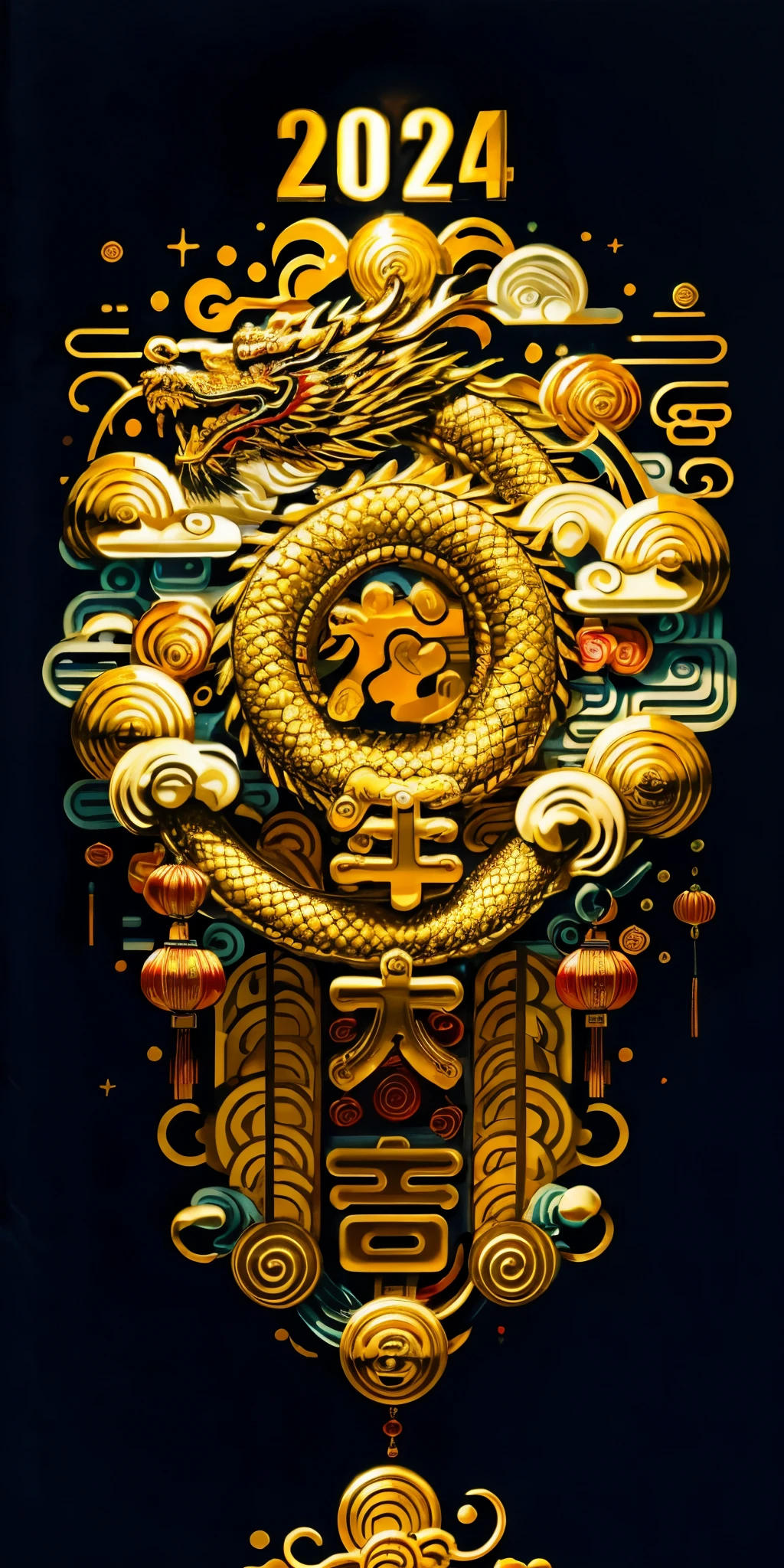 red background, (pure golden chinese dragon occupying a coner of the picture), embellished with chinese New Year elements,scattered gemstones,light and shadow sensation,3d rendering,realistic,