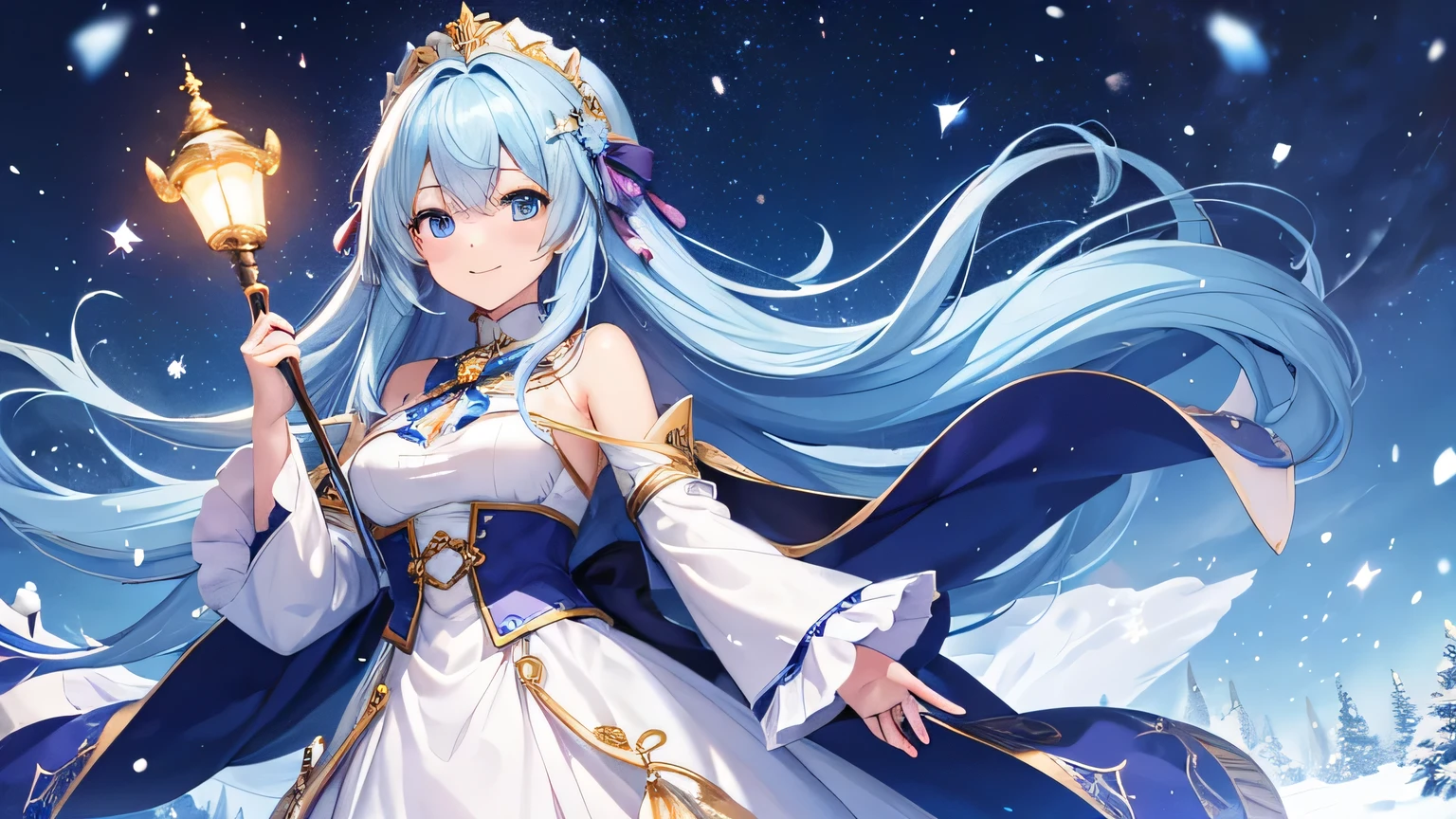Create a widescreen image of a winter-themed anime girl. she has been for a long time, With blue hair decorated with star decorations、Flowing cape with fur trim and star pattern. The girl is smiling、He holds out his hand as if inviting the viewer to join him.. The background is filled with the soft light of yellow street lamps and a deep blue twilight sky, Create a warm and winter atmosphere. she looks magical and fantastic, Snowflakes shine delicately around her..
