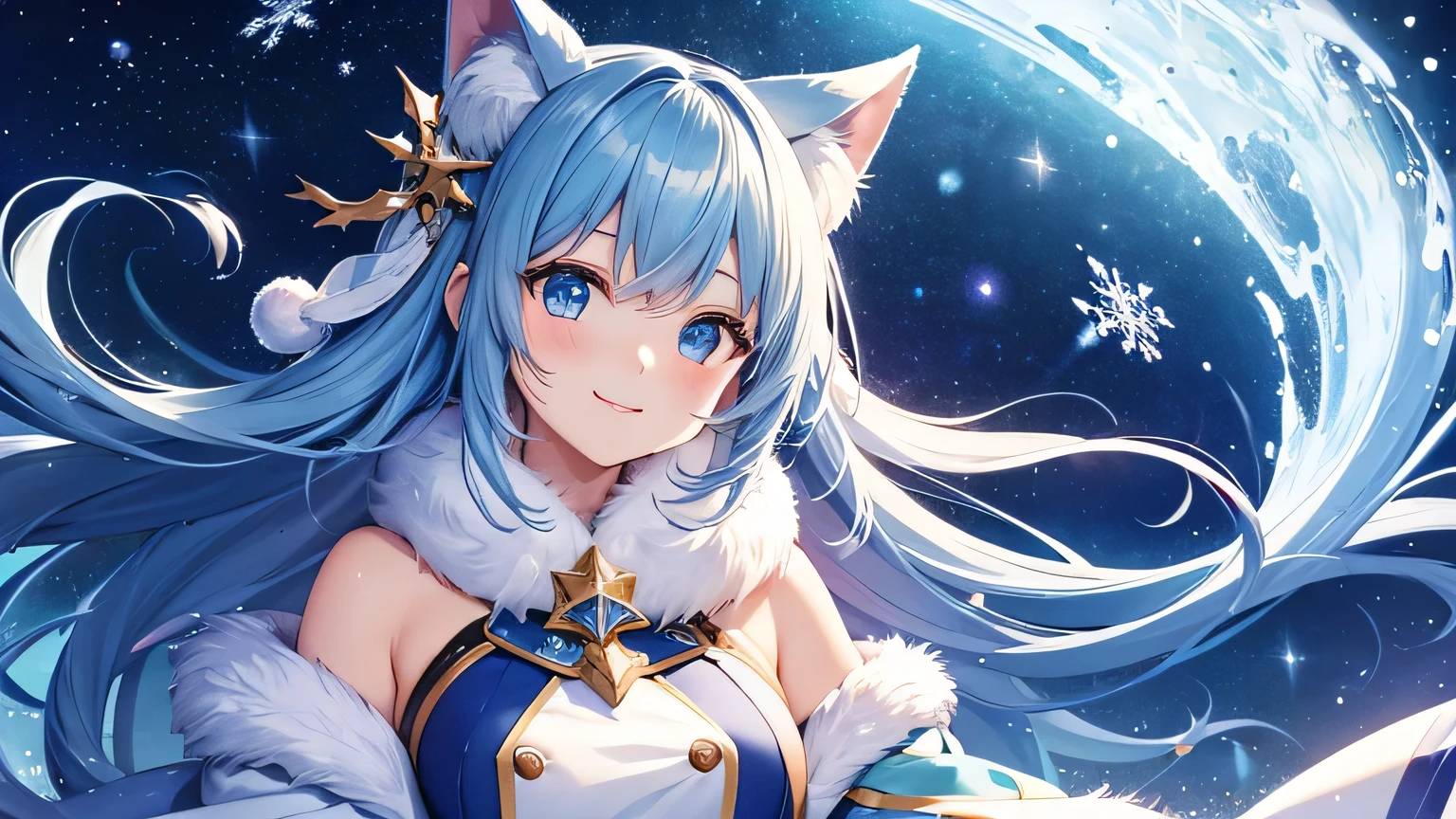 Create a widescreen image of a winter-themed anime girl. she has been for a long time, With blue hair decorated with star decorations、Flowing cape with fur trim and star pattern. The girl is smiling、He holds out his hand as if inviting the viewer to join him.. The background is filled with the soft light of yellow street lamps and a deep blue twilight sky, Create a warm and winter atmosphere. she looks magical and fantastic, Snowflakes shine delicately around her..