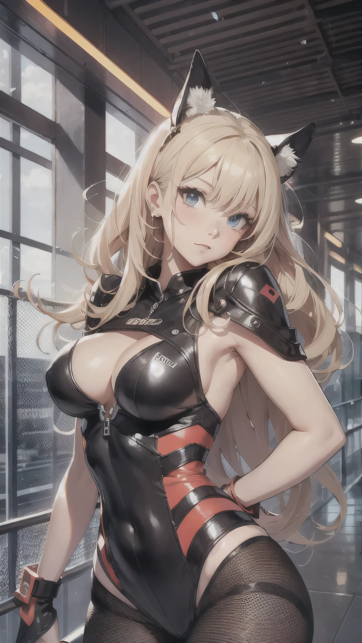 最high quality、best image quality、masterpiece、age girl((20-year-old、 By becoming、vest bust、medium bust,wide open breast tea、black eye, blonde hair、long hair、thin,highest valley、glowing battle uniform、elationのある動き、fighting pose、Feeling of sprinting)),high quality、beautiful art、background((In the airport))、debris flies、Depth of written boundary、movie、visual art、perfect art、8K,genuine、elation、Dynamic expression、elation