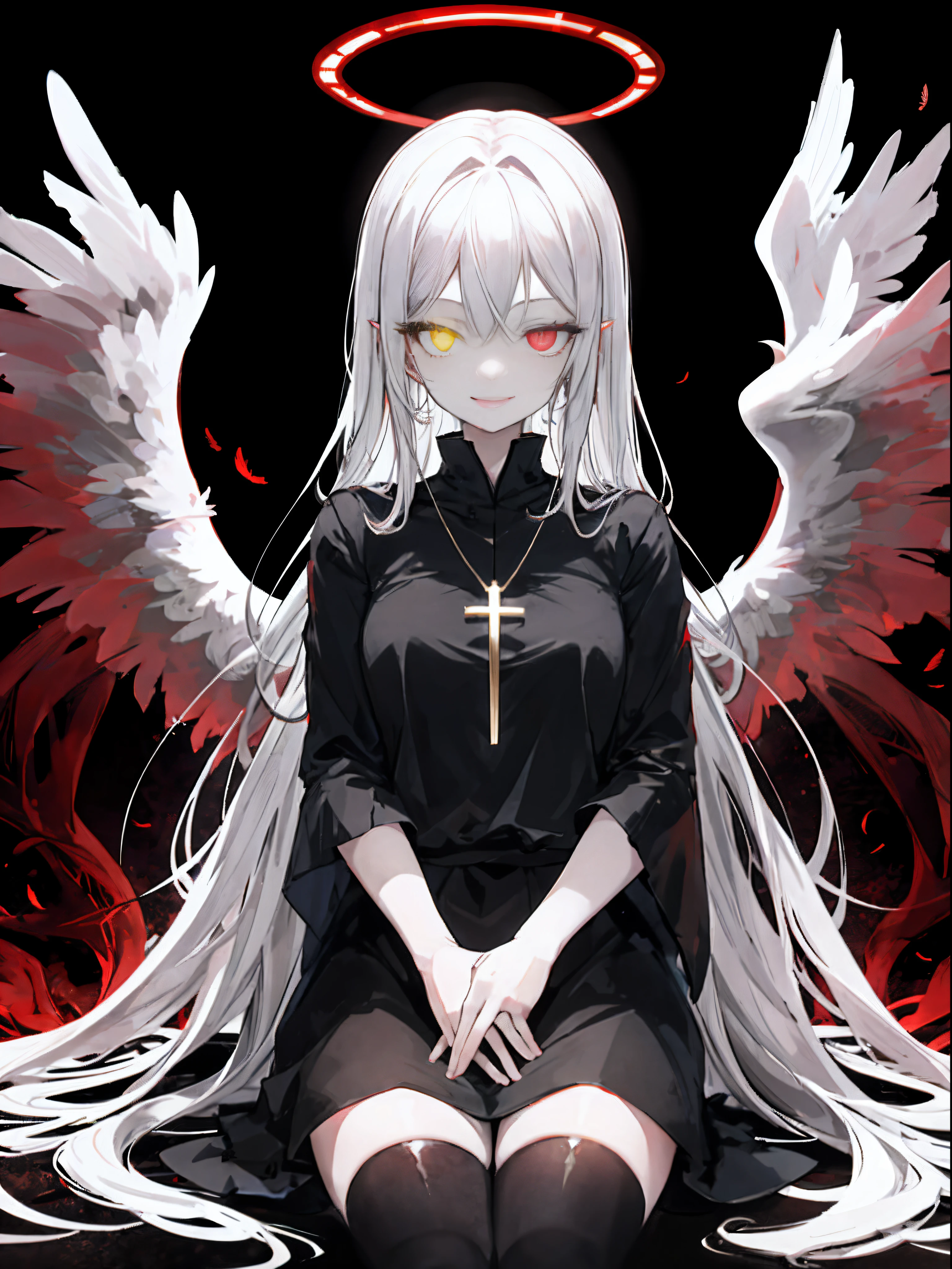 1girl in, (Scary), Holy Angel, Gorgios, on the lap, (red halo), Dark, Glowing eyes, Heterochromia eye, Angel wings, glowing pendant, holy, Sensual milf, black tunic, Feathers, which are full of confidence, Smile, Expressive eyes, collofull eyes, Contrasty, shadowy, masutepiece, Digital Art, Glowing eyes, Intimidating, corrupted, Demonic