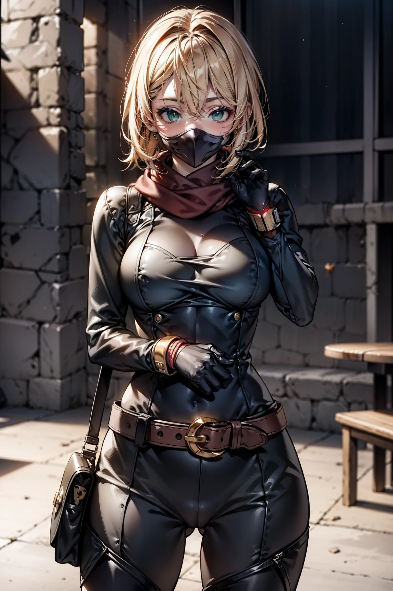 table top, highest quality, shape, green bodysuit, red scarf, mask, Helmet, Special effects, belt bag, Dark green combat suit, バッタmask, alone, whole body, Came, (woman:1.6), ((NFSW:1.5))