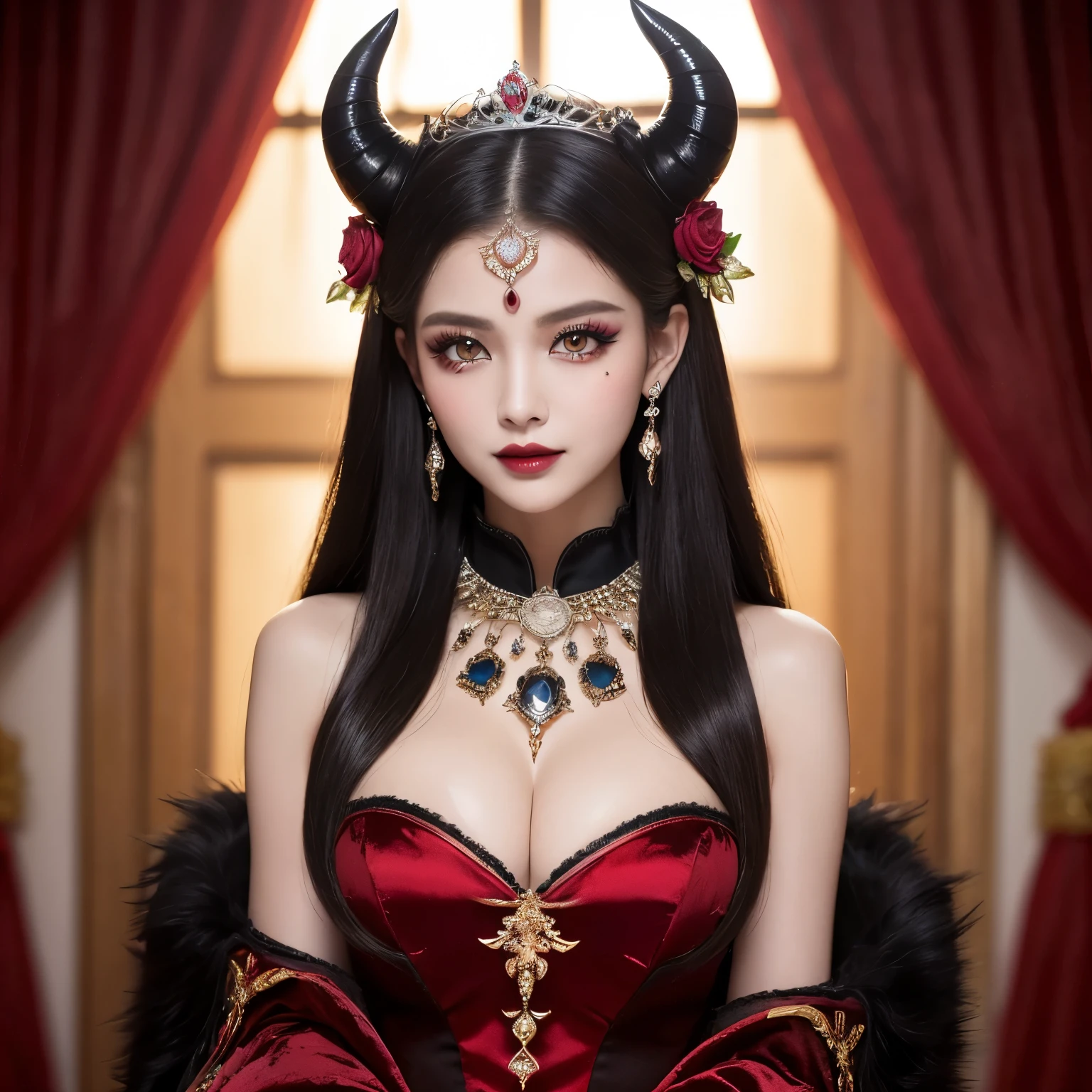 (highest quality、masterpiece、Award-winning work、best image quality、highest resolution、8K、ultra high resolution)、the most beautiful devil princess、(the most extravagant demon princess'The finest dresses:1.1)、(The most luxurious and special intricate costumes:1.1)、(The most complex and detailed textures:1.1)、(The finest evil dress with intricate and detailed decorations:1.1)、(The most luxurious and highest quality giant tiara:1.1)、(The most luxurious and highest quality giant necklace:1.1)、(Devil horn with the most realistic texture:1.1)、(Fine jewelry decoration throughout the body:1.1)、A bewitching smile staring at me、Evil tattoo、Evil decoration、The best costumes、enchanting devil princess、big breasts、perfect makeup、evil eyeshadow、long eyelashes、black lipstick、accurate anatomy、(Close-up of the devil princess:1.2)、(blurred background)、(The background is the bedroom of the finest princess:1.2)、Spooky decoration、Evil decoration、epic movie lighting、romantic and moody、ultra high definition hair、Ultra High Definition Face、Ultra-high-definition eyes、Shining beautiful skin、Shining ultra-high definition skin、(the most detailed and perfect face:1.1)、(most detailed glowing eyes:1.1)、(Super high-definition beautiful skin with beautiful luster and moisture:1.1)