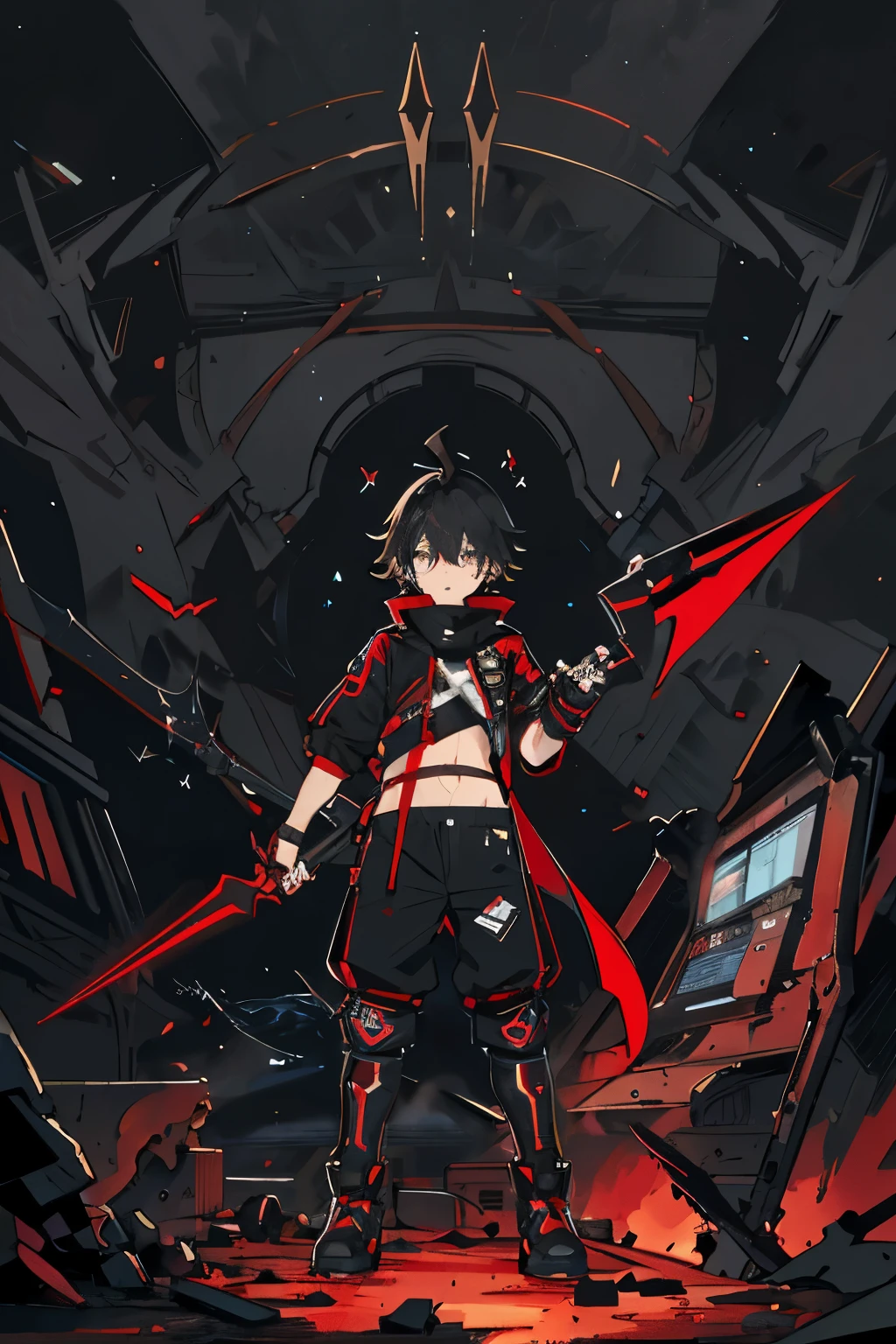 male,juvenile,Different pupils,cute,Holding a huge sickle full of technology,standing on ruins,black sky,dark atmosphere