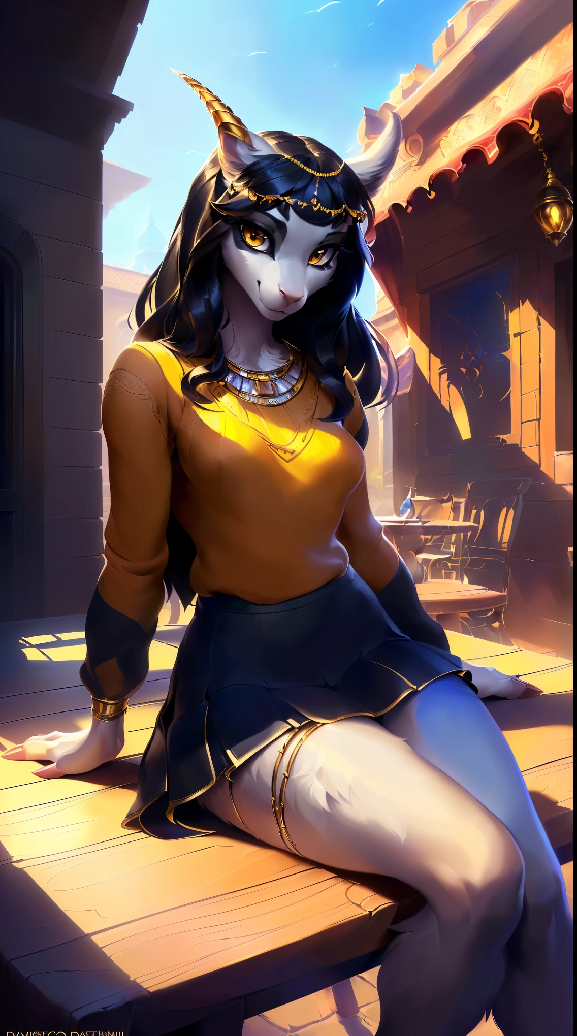 uploaded on e621, by Danomil, solo anthro, (Portrait), ((Wear yellow sweater, jeans skirt), ((The gypsy)), (Detailed fur), (detailed skin), (Cinematic lighting), ((Detailed background, american street)), (half body shadow), [ambient light on the belly], [explict content], [sharp-focus], (shaded), (detailed Bonifasko lighting), ((Masterpiece), golden eyes, goat eyes, gold accessories, long black hair, Erotic goat girl, (fluffy black fur), furry fantasy art, anthro art, commission for high res, Furry art, pov furry art, Sakimichan is beautiful, Best Quality, Detailed image, Detailed Face, perfect lighting, Perfect shadows, Perfect eyes, focus on girl, flawless face, gorgeous body, Hourglass body, (hooves), Fluffy, fluffy girl, Body fur, Animal nose, pony muzzle, Playful look, half closed eyes, 1girl, full body, Detailed fur, Balanced coloring, Furry, anthro, (attractive body), looking at viewer, seductive gaze, seductive posing, perfect legs, ((sits at an outdoor table and wonders)), ((Makes predictions))