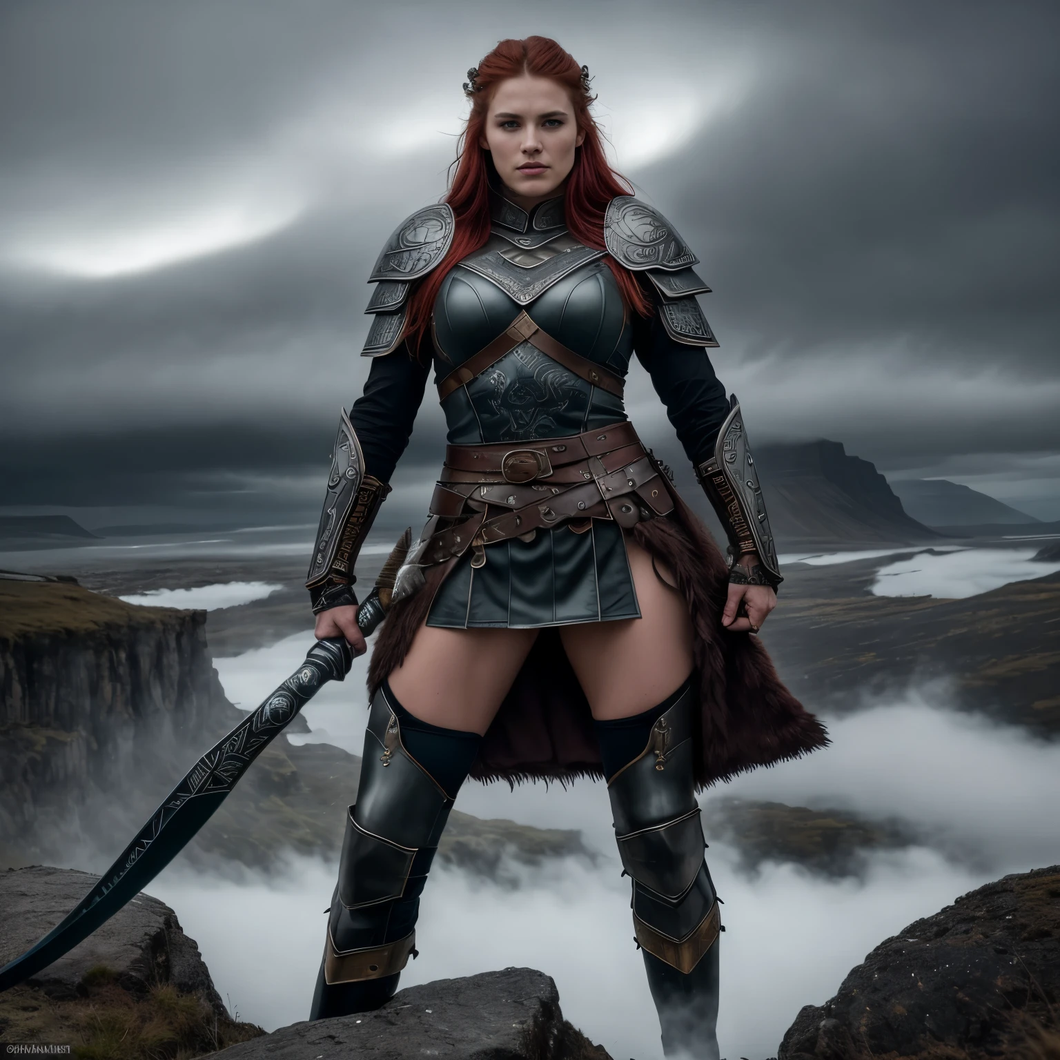 (best quality,4k,8k,highres,masterpiece:1.2),ultra-detailed,(realistic,photorealistic,photo-realistic:1.37),Viking woman with stunning beauty and sensuality,ancient warrior queen,confident and fierce expression, enchanting blue eyes,piercing gaze,long flowing fiery red hair,captivating strong jawline,perfectly shaped lips,muscular yet feminine physique,leather armor embellished with intricate metal details,Runic tattoos on her arms and shoulders,holding a battle axe with engraved patterns and symbols,dramatic lighting that accentuates her beauty and strength,standing proudly on a cliff overlooking a vast, wild landscape with stormy skies,dark and moody atmosphere that adds to the intensity of the scene,subtle hints of Norse mythology and Viking culture in the background,subtle mist and swirling winds,creating a sense of power and mystery,vivid colors inspired by nature and the Northern Lights,contrasting warm and cool tones,impressive level of detail in her armor and surroundings,bringing the scene to life like a historical painting,charismatic and empowering presence that demands attention and respect.