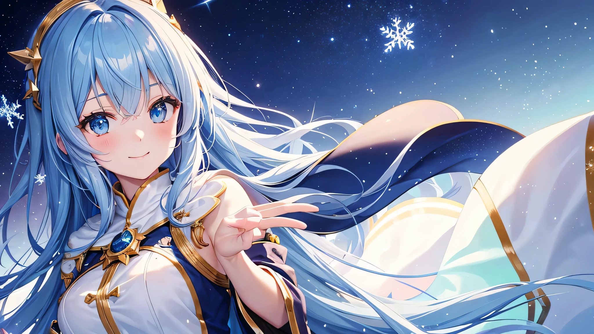 Create a widescreen image of a winter-themed anime girl. she has been for a long time, With blue hair decorated with star decorations、Flowing cape with fur trim and star pattern. The girl is smiling、He holds out his hand as if inviting the viewer to join him.. The background is filled with the soft light of yellow street lamps and a deep blue twilight sky, Create a warm and winter atmosphere. she looks magical and fantastic, Snowflakes shine delicately around her..