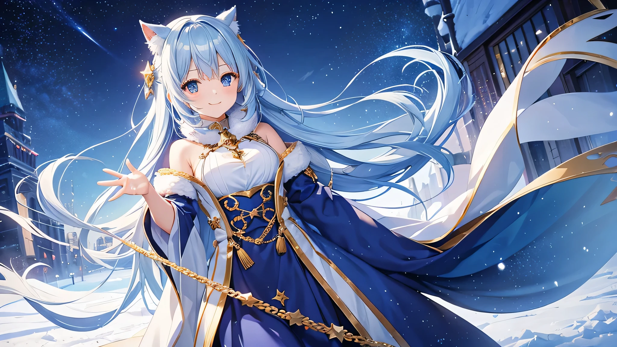 Create a widescreen image of a winter-themed anime girl. she has been for a long time, With blue hair decorated with star decorations、Flowing cape with fur trim and star pattern. The girl is smiling、He holds out his hand as if inviting the viewer to join him.. The background is filled with the soft light of yellow street lamps and a deep blue twilight sky, Create a warm and winter atmosphere. she looks magical and fantastic, Snowflakes shine delicately around her..