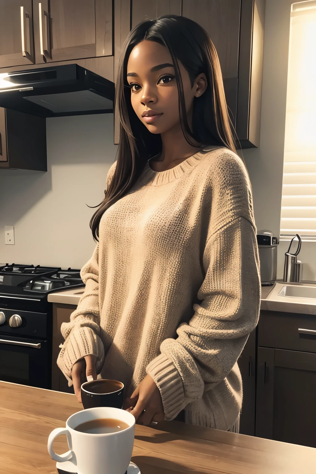 African American female, medium complexion, with a sprinkle of freckles. Standing at 5'8, big breasts,https://image.cdn2.seaart.ai/2024-02-03/cmv327te878c73e1qsl0/db495e33023cac2d7aa62adc0c8d72779794008c_high.webp Aria is standing in her kitchen, holding a bowl of pistachios and smiling at the camera. She's wearing a stylish green sweater, perfectly complementing the theme of National Pistachio Day.