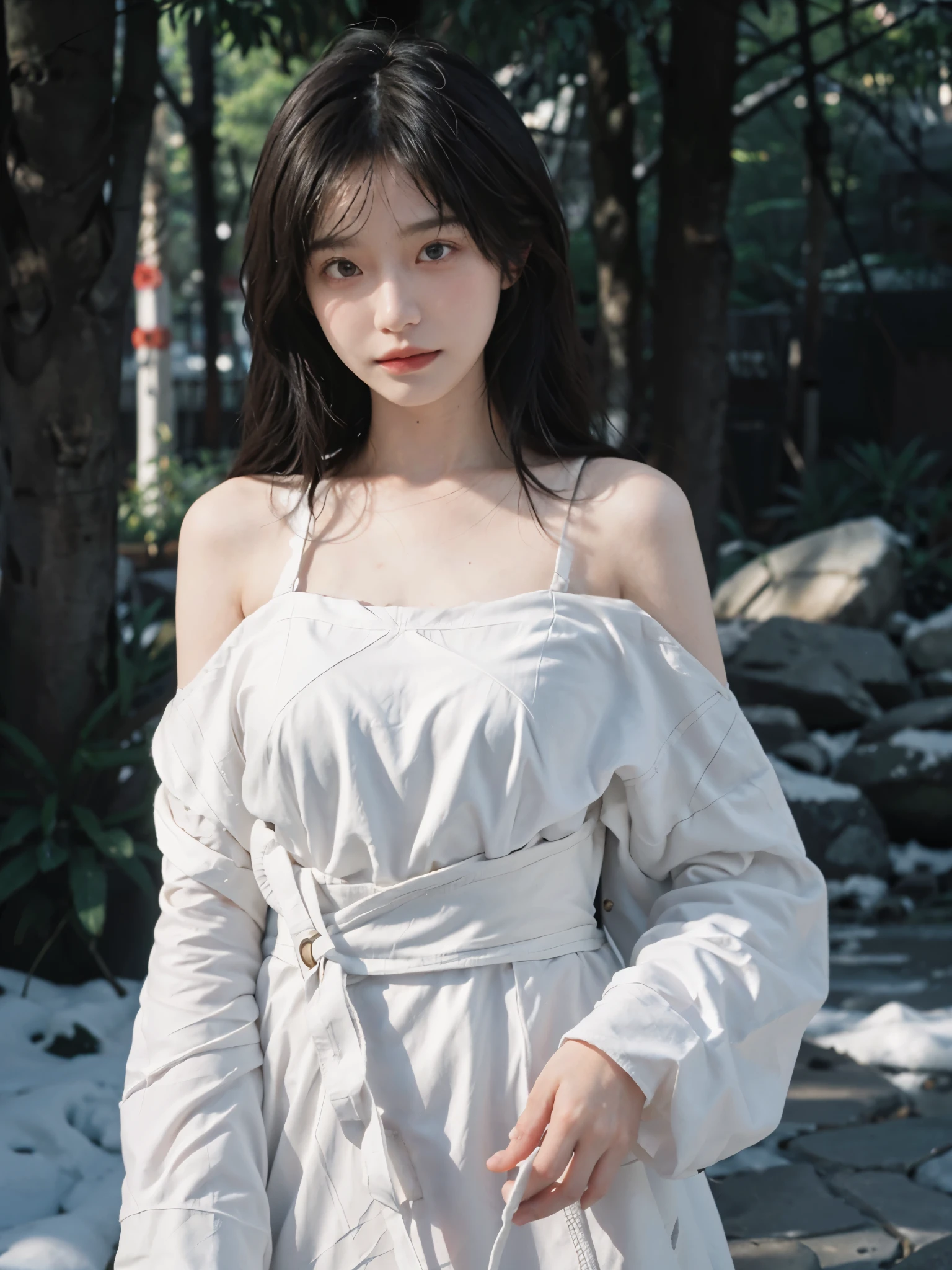 Film portrait photography, 2 girls, bare shoulders, Shoulder length wavy hair, White coat,Snow white sling, (Realistic and detailed eyes, natural skin texture, Realistic facial details),, depth of field, Bokeh, Vibrant details, Detailed and detailed, Surrealism, 35mm film, hazy, ,self-shot,