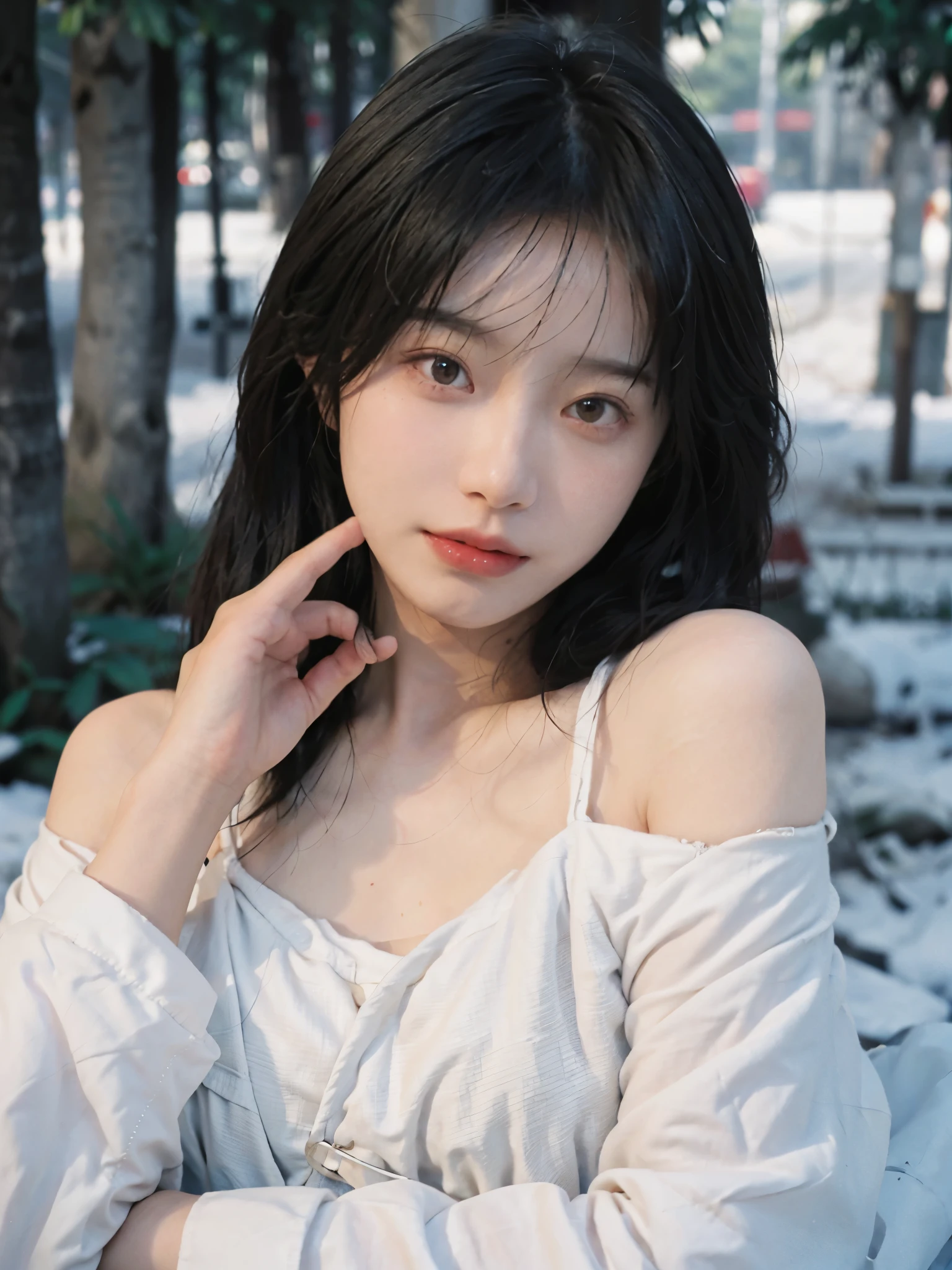 Film portrait photography, 2 girls, bare shoulders, Shoulder length wavy hair, White coat,Snow white sling, (Realistic and detailed eyes, natural skin texture, Realistic facial details),, depth of field, Bokeh, Vibrant details, Detailed and detailed, Surrealism, 35mm film, hazy, ,self-shot,