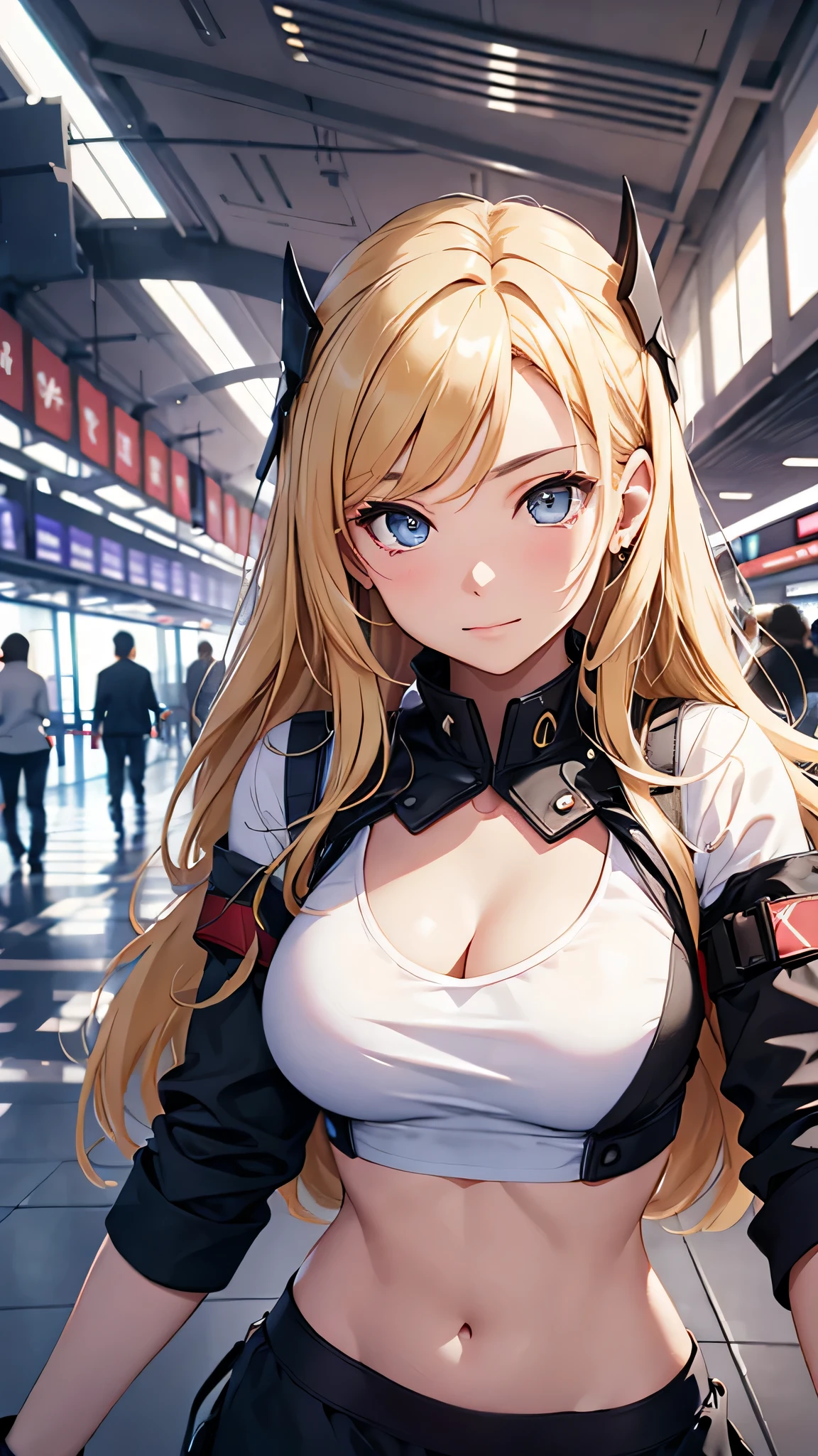 最high quality、best image quality、masterpiece、age girl((20-year-old、 By becoming、vest bust、medium bust,wide open breast tea、black eye, blonde hair、long hair、thin,highest valley、glowing battle uniform、elationのある動き、fighting pose、Feeling of sprinting)),high quality、beautiful art、background((In the airport))、debris flies、Depth of written boundary、movie、visual art、perfect art、8K,genuine、elation、Dynamic expression(1:1)、elation(2:3)
