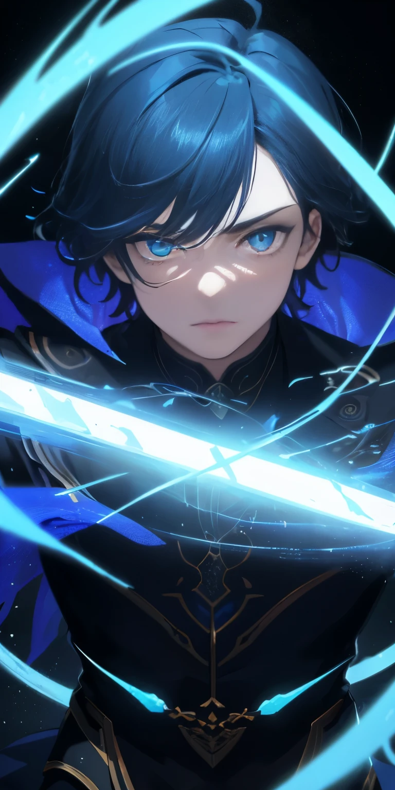 (masterpiece, best quality, ultra-detailed, best shadow), (detailed background,dark fantasy), (beautiful detailed face), high contrast, (best illumination, an extremely delicate and beautiful), ((cinematic light)), colorful, hyper detail, dramatic light, intricate details, (1 boy, Man, guy, solo,blue hair, sharp face,blue eyes,dynamic angle), blood splatter, swirling black light around the character, depth of field,black light particles,(broken glass),magic circle,