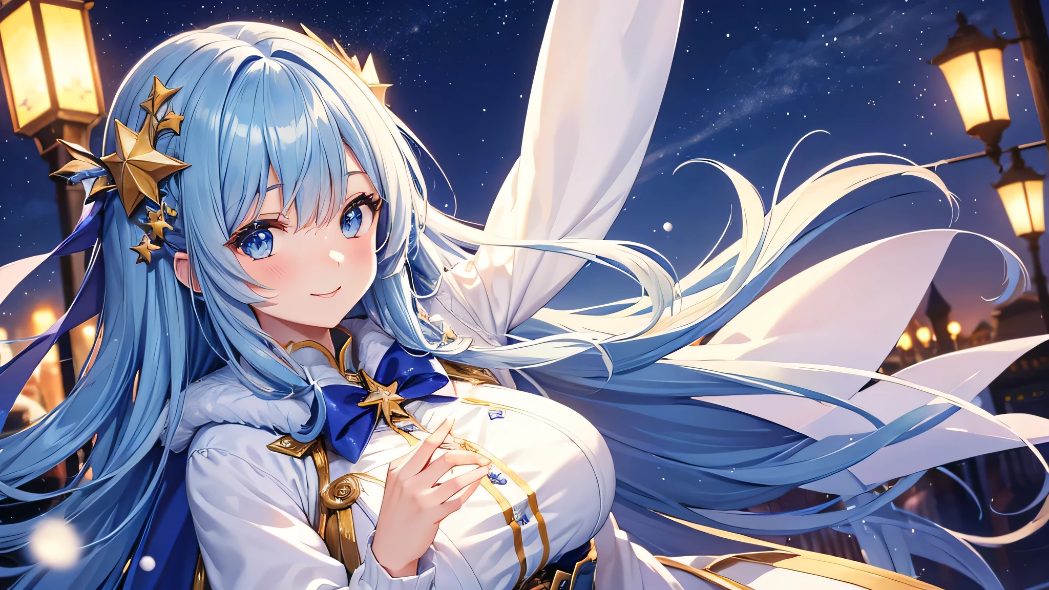 Create a widescreen image of a winter-themed anime girl. she has been for a long time, With blue hair decorated with star decorations、Flowing cape with fur trim and star pattern. The girl is smiling、He holds out his hand as if inviting the viewer to join him.. The background is filled with the soft light of yellow street lamps and a deep blue twilight sky, Create a warm and winter atmosphere. she looks magical and fantastic, Snowflakes shine delicately around her..