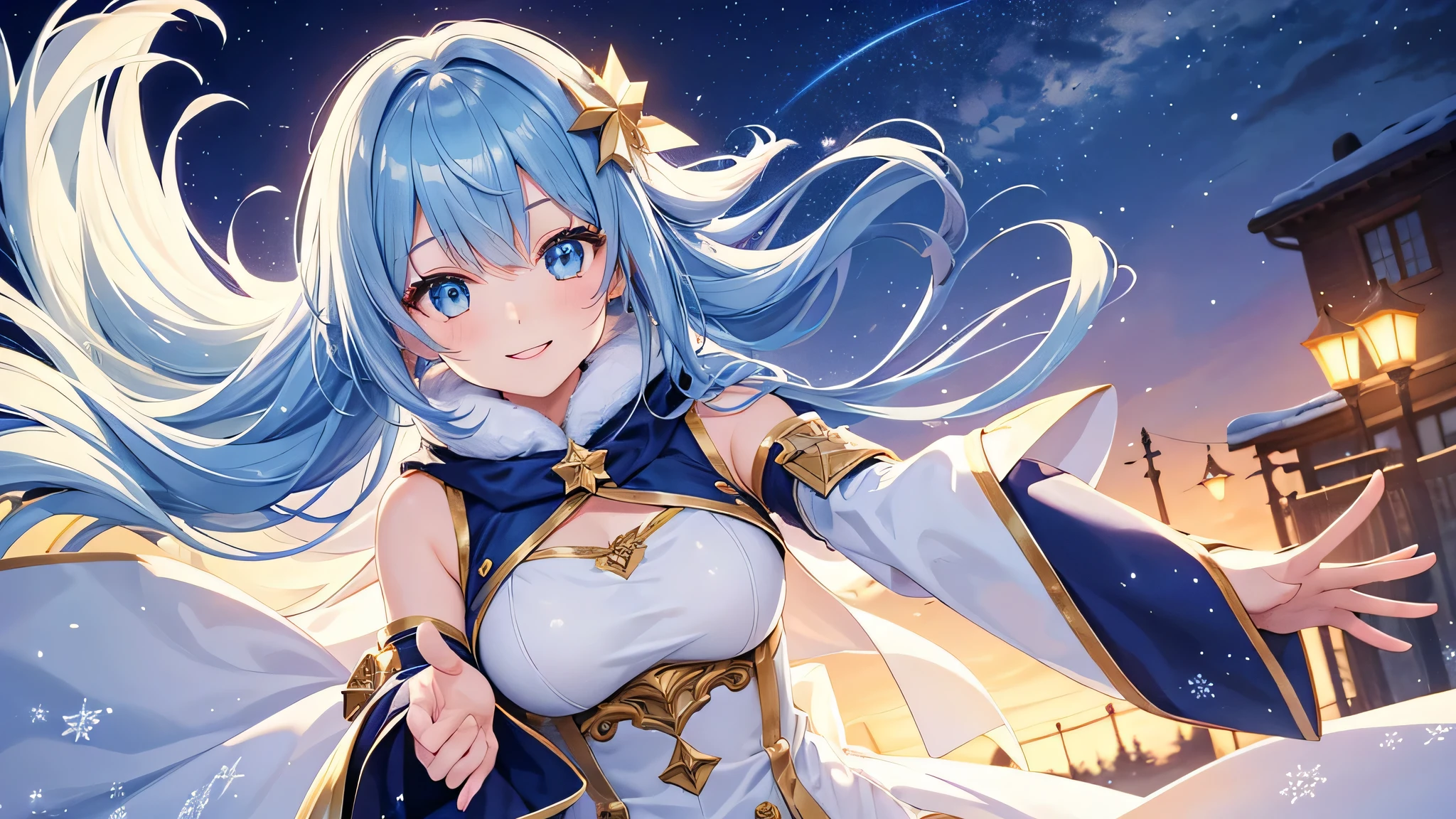 Create a widescreen image of a winter-themed anime girl. she has been for a long time, With blue hair decorated with star decorations、Flowing cape with fur trim and star pattern. The girl is smiling、He holds out his hand as if inviting the viewer to join him.. The background is filled with the soft light of yellow street lamps and a deep blue twilight sky, Create a warm and winter atmosphere. she looks magical and fantastic, Snowflakes shine delicately around her..