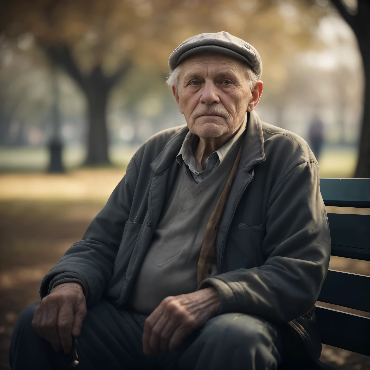 An elderly man sits on a park bench against a background of trees, portrait photo of an old man, old man portrait, old man, A sad man, old, Portrait 50 mm, Producer: Hristofor Zhefarovich, Old man's gaze, color photography portrait 4k, Hristofor Zhefarovich