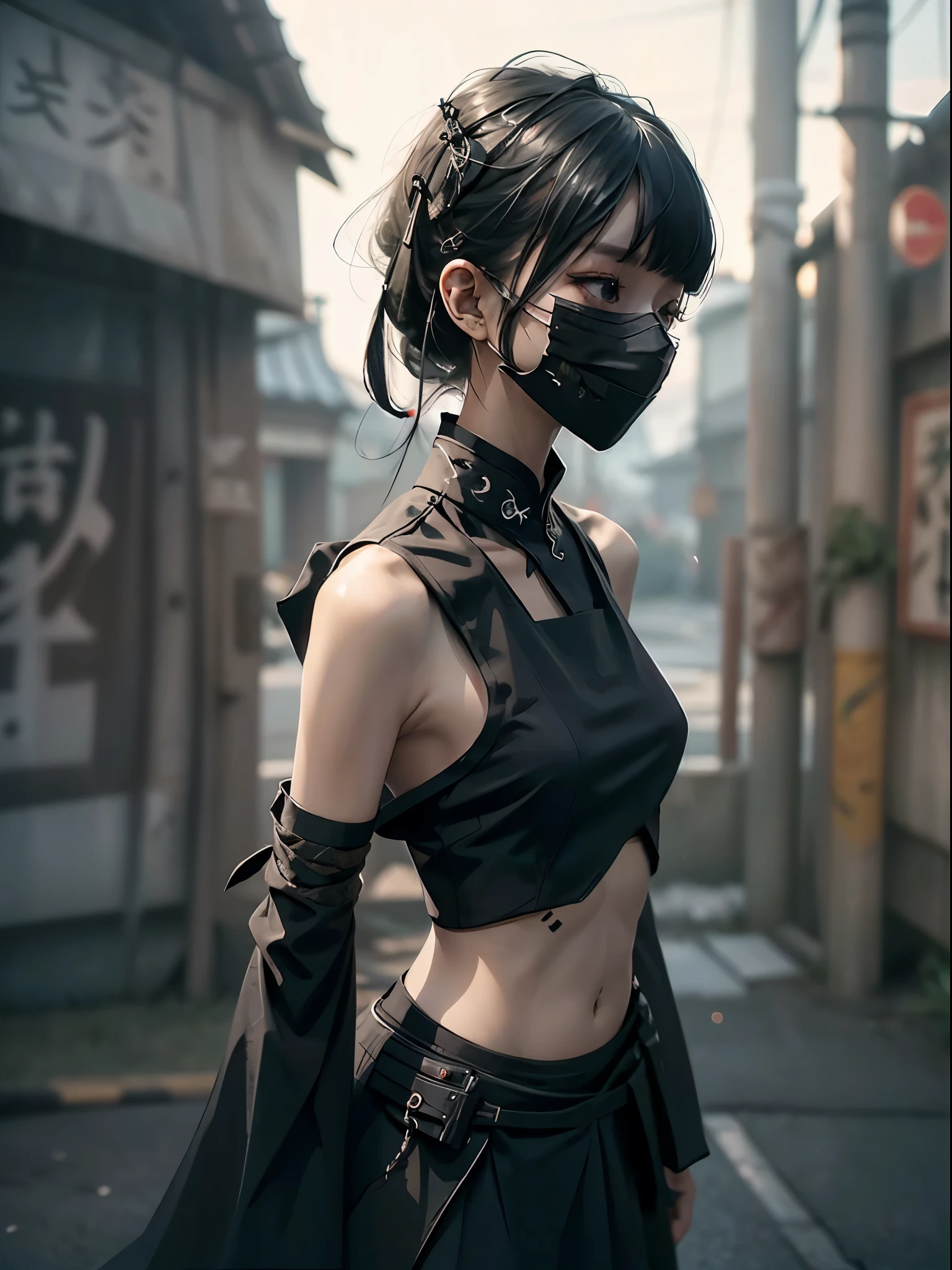 4k,8k,extreme quality, 1girl, solo, skinny, slender body, ((wear black_mask)),army_hanfu_suit, assassin, ninja, ta fashion, navel open, shoulders open, short_hair, upper_body, blurry_urban_background, from side,