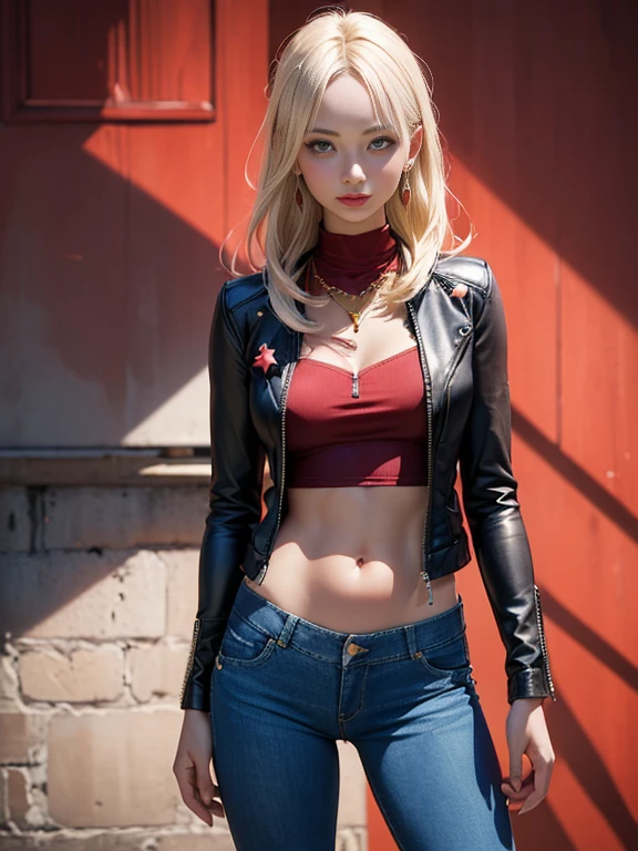 (best quality, 8k, highres, photorealistic:2.0), (solo, one girl:2.0),(lighting:front),(lighting: strong),(american beauty:2.0),(women of adult age:1.9),(girl is very muscular:1.5),(shiny skin:1.5),(oily skin:1.5),(platinum blonde hair color:1.5),(flat chest:1.5),(((small breasts))),(location is a street),(ultimate beautiful girl),(very elegant and sophisticated woman),(slut girl fashion style wear),(((Super low rise pants:1.5))),((leather jacket zip full open)),(navel is visible),(abdomen is visible),(waist is visible),((low rise denim pants:1.5))),(((hip hugging pants:1.5))),(low waist pants),Blush brown makeup , dark eye makeup ,pink lipstick,(big eyes girl:1.3),(amazing sex appeal),(unzip pants:1.6),(Open the bottom zipper:1.5),(gold necklace),(pull your pants down a little)
