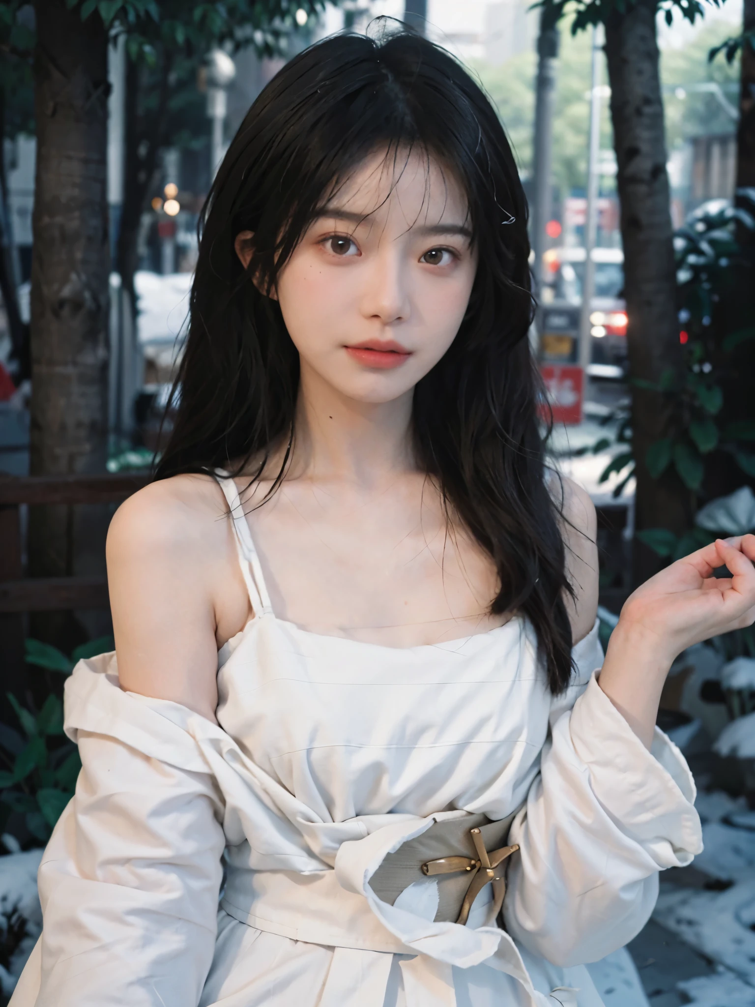 Film portrait photography, 2 girls, bare shoulders, Shoulder length wavy hair, White coat，Snow white sling， (Realistic and detailed eyes, natural skin texture, Realistic facial details),, depth of field, Bokeh, Vibrant details, Detailed and detailed, Surrealism, 35mm film, hazy, ,self-shot，