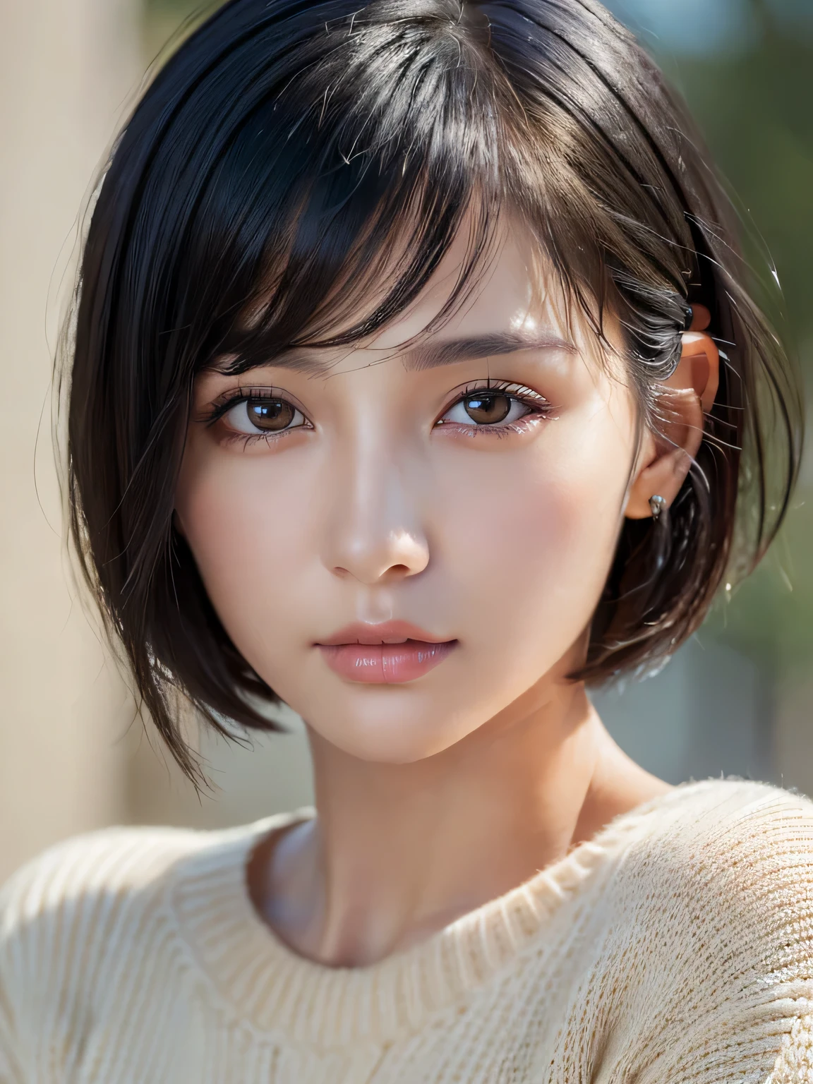 (masterpiece:1.3), (8K, realistic, RAW photo, highest quality: 1.4), (1 girl), beautiful face, (realistic face), (black hair, short hair:1.3), beautiful hairstyle, realistic eyes, beautiful and detailed eyes, (realistic skin), beautiful skin, (sweater), confused, charm, ultra high resolution, 超realistic, very detailed, golden ratio、