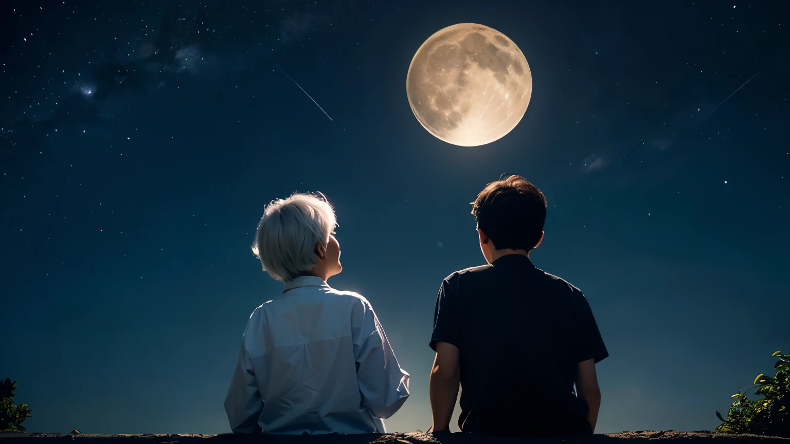 The back of a white-haired elderly woman and a young boy looking up at the night sky, There is a full moon in the night sky.