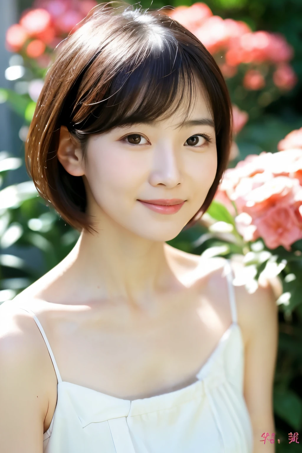 35 years old、Married woman、garden、Random Shorthair、cute face、front、beautiful woman、model like