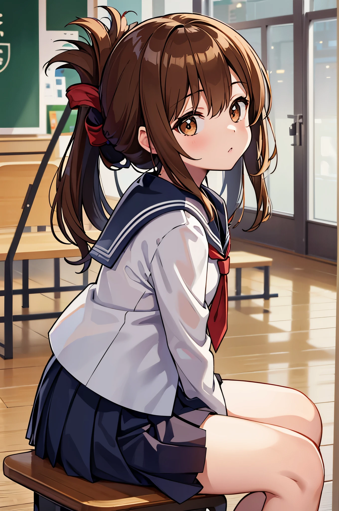 I am sitting on the floor of the school gymnasium and observing classes because I am not feeling well.,(masterpiece, best quality:1.2),illustration,8k,hd,1girl,solo,upper body,(portrait:1.2),brown_hair,folded_ponytail,brown_eyes,serafuku,long_hair,school_uniform,skirt,pleated_skirt,