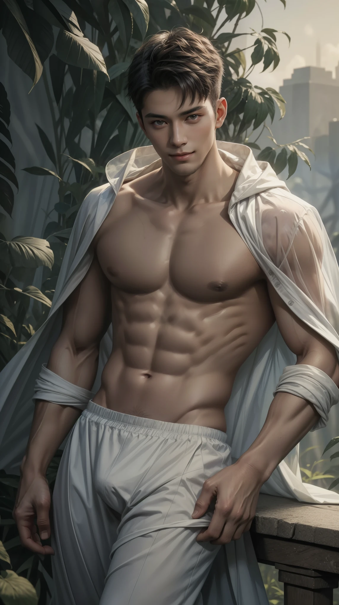 1 man, (male model) hot skin, masterpiece, best quality, most handsome man in the world, by Shen Quan, perfect body, beautiful male model, an attractive man 18-24 years old aesthetic, blossoms in spring, green fields, spring, plains, trees, flowers, blue sky, rough and handsome young man in white transparent robe, white transparent fabric, shirtless jacket shoulders, exposed chest muscles, exposed thighposed transparent white briefs)), (male focus), (smooth body)), smile, super cute, dynamic pose, cool and seductive, dramatic lighting, full body shot, full body shoot, young face, full body, body hairless, skinny tall, fit body, dominant, white or white skin, young face, firm body, hd, natural flesh tone, soft light, highly detailed, looking at the audience, photography, detailed skin, real person, realistic, photorealistic realistic, crazy detail, facial detail, hype maximization, hype surrealism, film, telephoto, lighting complex detail , Highly detailed, Highly detailed, Digital painting, artstation, concept art, smooth, sharp focus, illustration, Unreal Engine 5, 8K, art by Ross Tran and Greg Rutkowski and Alphonse Mucha, UHD, 8k, Show men only .8k Ultra HD, DSLR, dim lighting, high quality, film grain, Fujifilm XT3, male fan, 2-person, two-person model.