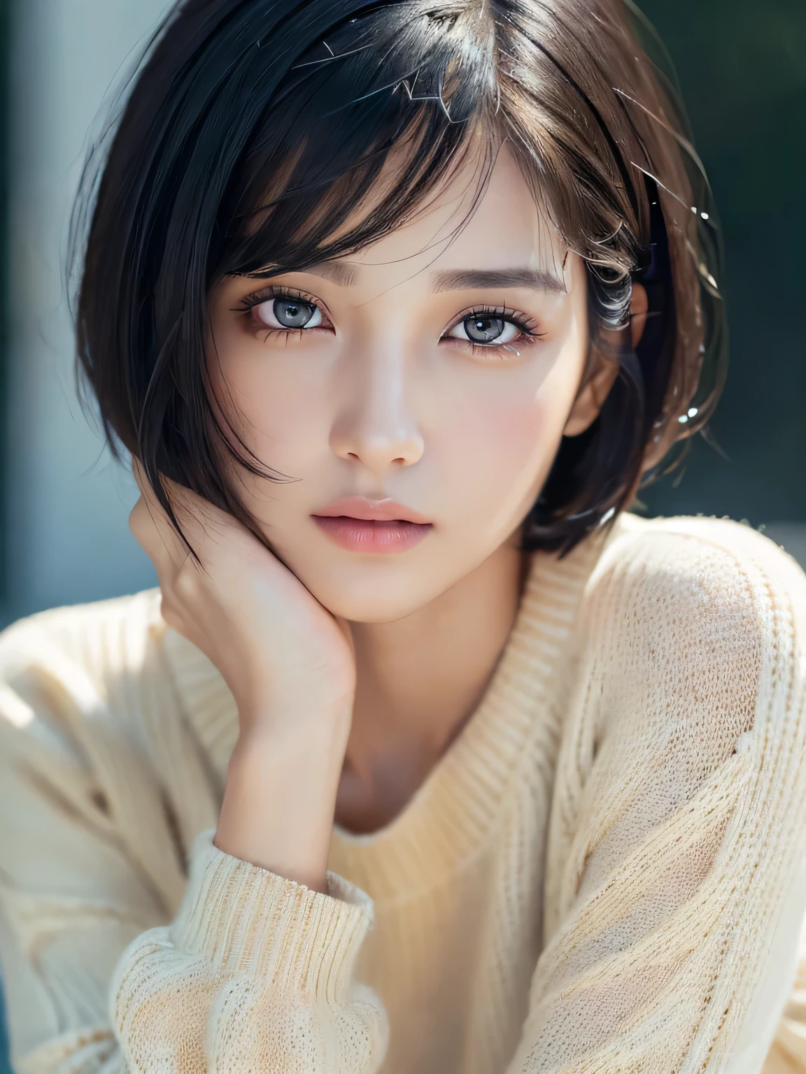 (masterpiece:1.3), (8K, realistic, RAW photo, highest quality: 1.4), (1 girl), beautiful face, (realistic face), (black hair, short hair:1.3), beautiful hairstyle, realistic eyes, beautiful and detailed eyes, (realistic skin), beautiful skin, (sweater), confused, charm, ultra high resolution, 超realistic, very detailed, golden ratio、