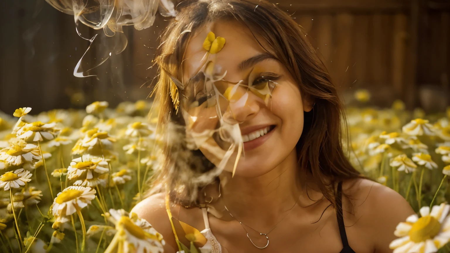  (((I want the ingredients to appear chamomile))) AN IMAGE OF A SMILING WOMAN WITH A GLASS KETTLE OF CAAMOMIL TEA PUTTING INTO A CUP SMOKING COMING OUT