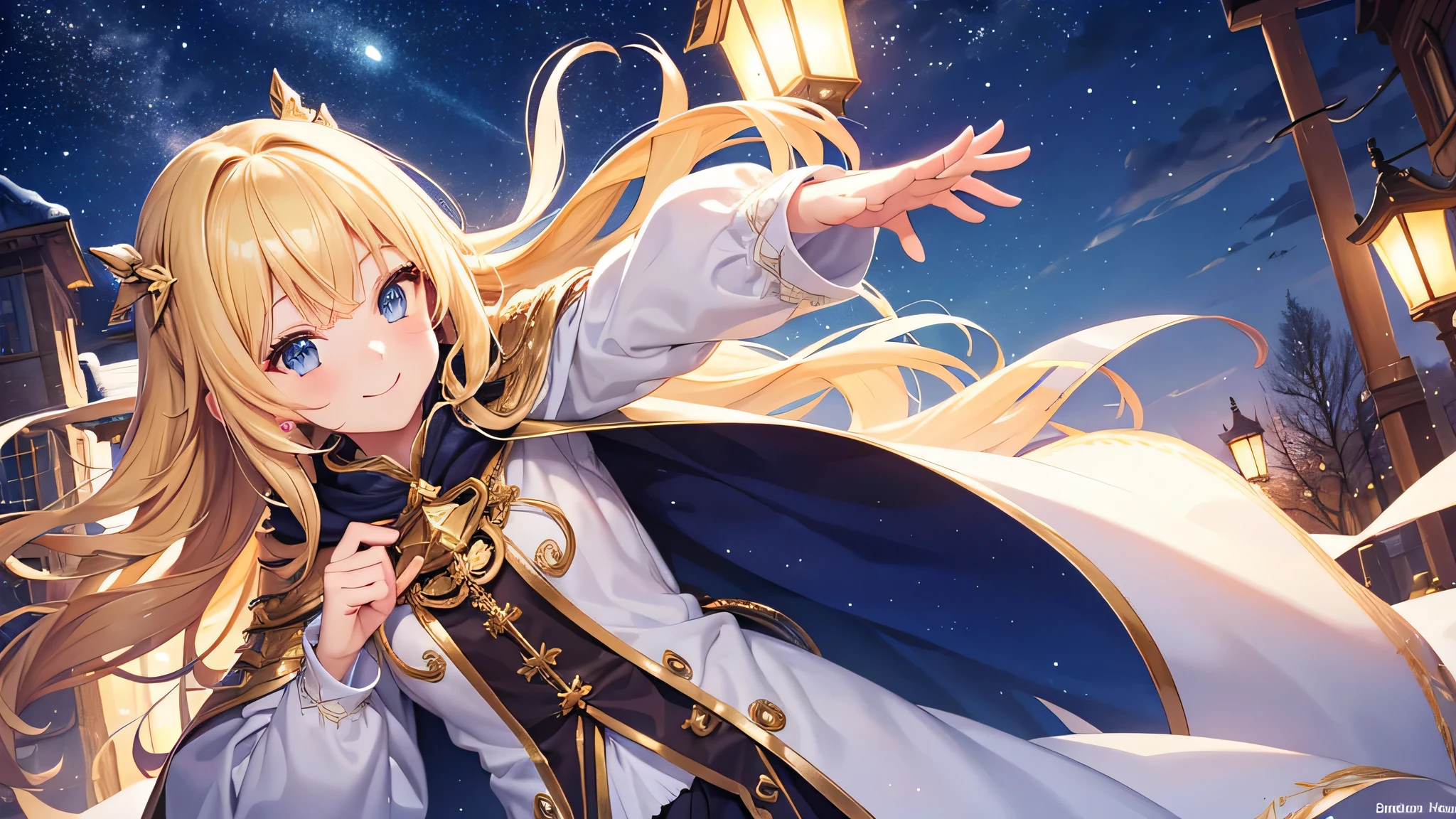 Create a widescreen image of a winter-themed anime girl. she has been for a long time, With blonde hair decorated with star decorations、Flowing cape with fur trim and star pattern. The girl is smiling、He holds out his hand as if inviting the viewer to join him.. The background is filled with the soft light of yellow street lamps and a deep blue twilight sky, Create a warm and winter atmosphere. she looks magical and fantastic, Snowflakes shine delicately around her..