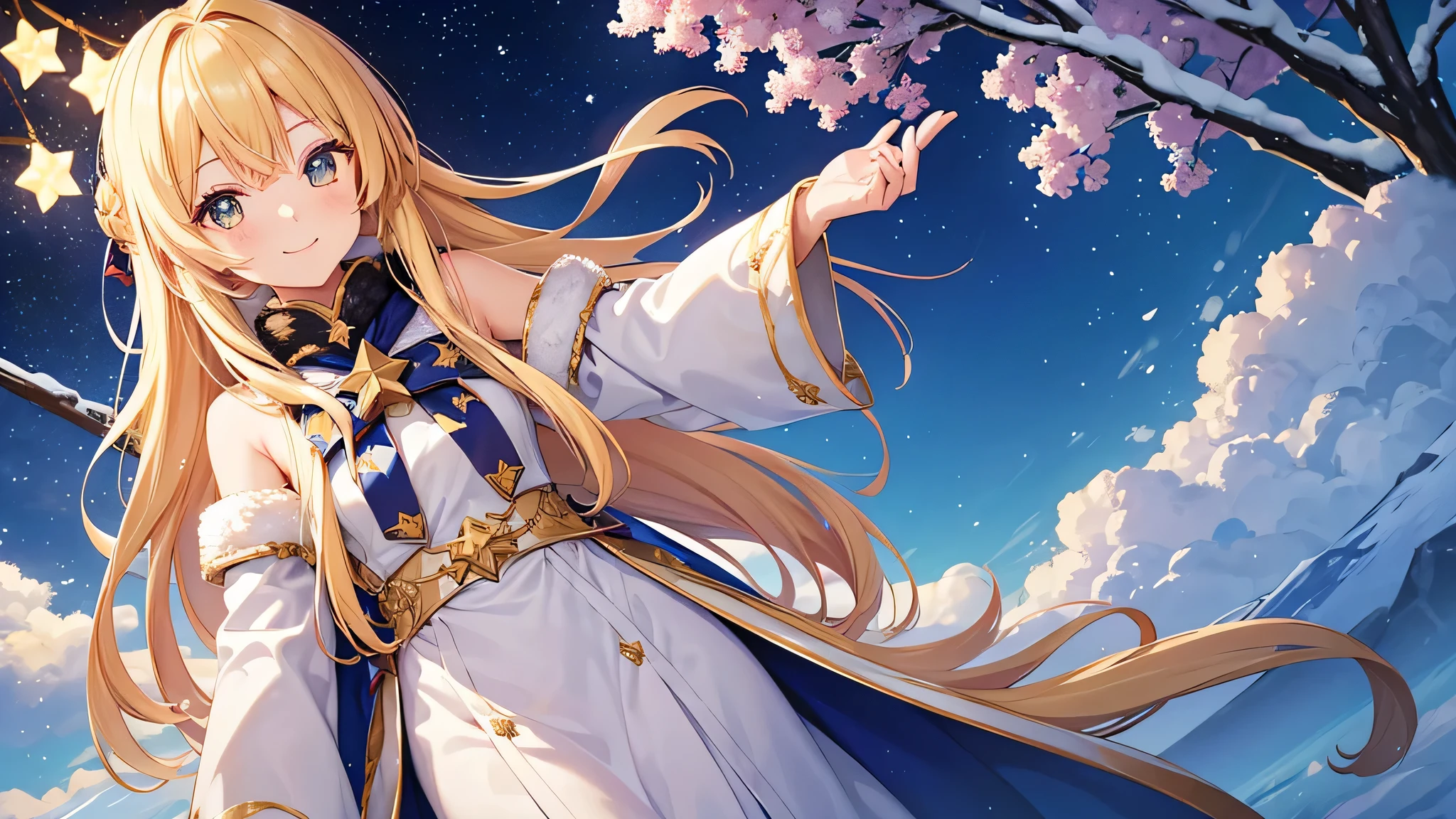 Create a widescreen image of a winter-themed anime girl. she has been for a long time, With blonde hair decorated with star decorations、Flowing cape with fur trim and star pattern. The girl is smiling、He holds out his hand as if inviting the viewer to join him.. The background is filled with the soft light of yellow street lamps and a deep blue twilight sky, Create a warm and winter atmosphere. she looks magical and fantastic, Snowflakes shine delicately around her..