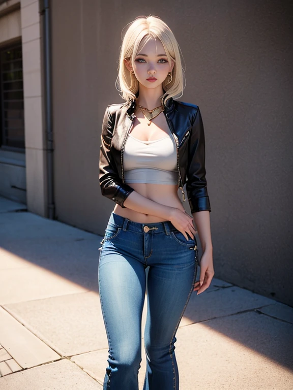(best quality, 8k, highres, photorealistic:2.0), (solo, one girl:2.0),(lighting:front),(lighting: strong),(american beauty:2.0),(women of adult age:1.9),(girl is very muscular:1.5),(shiny skin:1.5),(oily skin:1.5),(platinum blonde hair color:1.5),(flat chest:1.5),(((small breasts))),(location is a street),(ultimate beautiful girl),(very elegant and sophisticated woman),(slut girl fashion style wear),(((Super low rise pants:1.5))),((leather jacket zip full open)),(navel is visible),(abdomen is visible),(waist is visible),((low rise denim pants:1.5))),(((hip hugging pants:1.5))),(low waist pants),Blush brown makeup , dark eye makeup ,pink lipstick,(big eyes girl:1.3),(amazing sex appeal),(unzip pants:1.6),(Open the bottom zipper:1.5),(gold necklace),(pull your pants down a little)