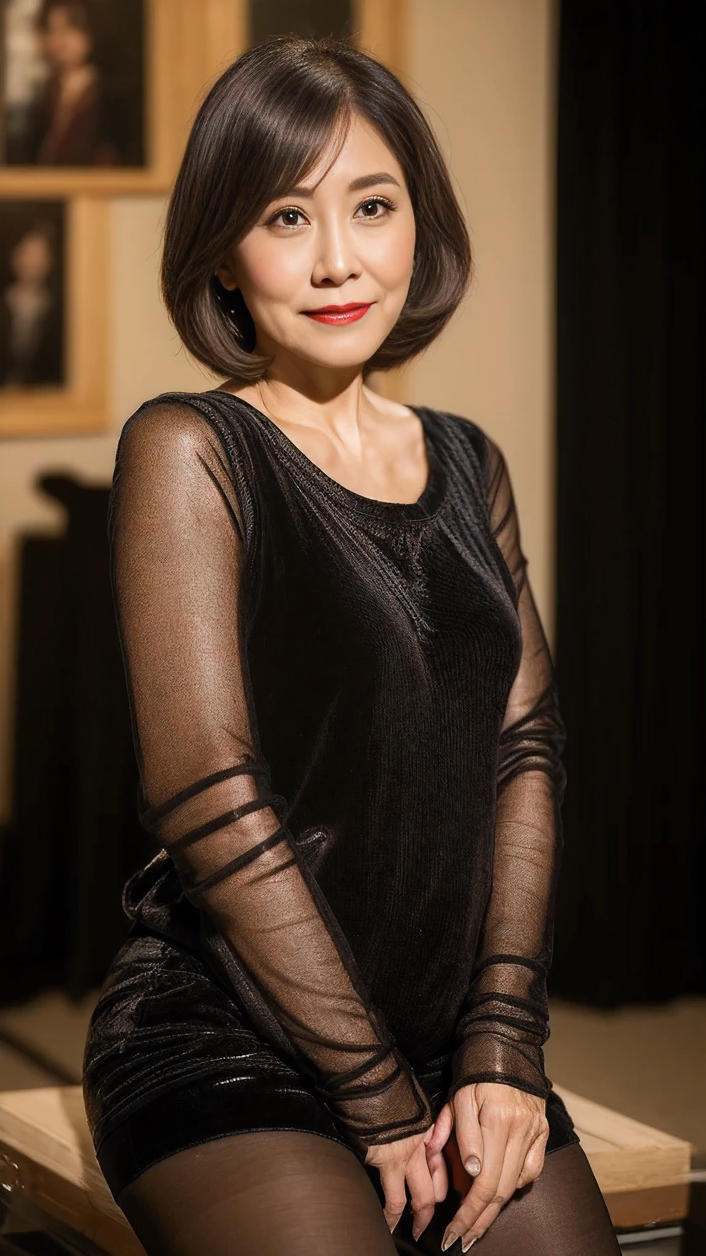 whole body,Black reflective pantyhose,65 years old,masterpiece,best quality, (1 milf), ((portrait:1.5)), ((looking at the audience)), cosmetic, Elegant beige shirt, touch one'boobgasm, ((Express)),