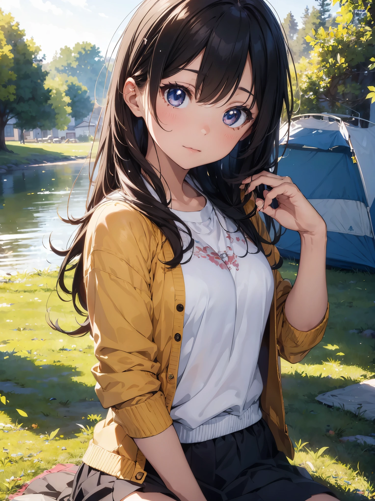 (masterpiece), (highest quality), ((Super detailed beautiful face and eyes)), Bright colors, anime style, young woman, cinematic angle, take a nap at the campsite, Jacket, Loose Skirt, tent, Chii, sun, warm light,