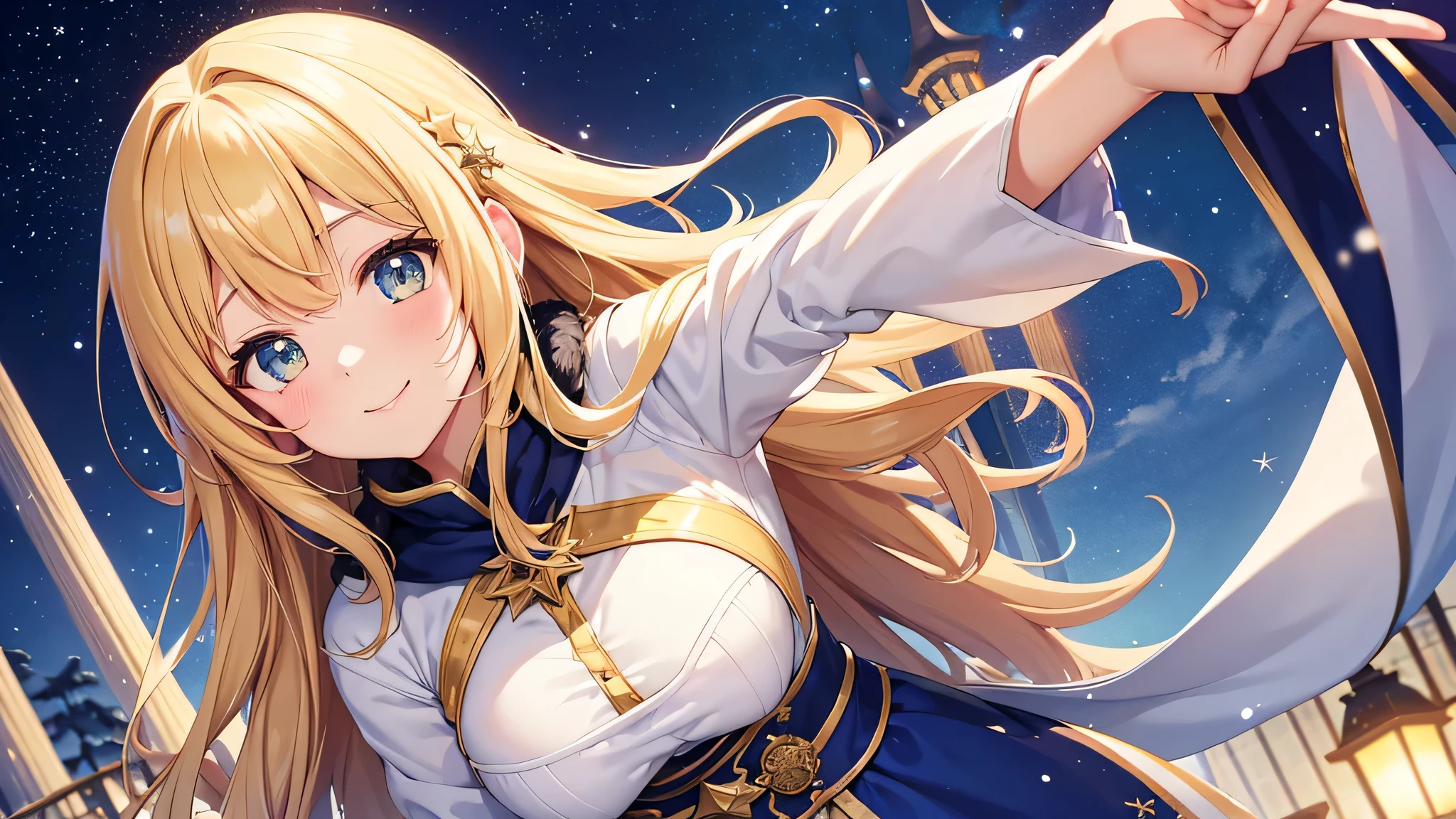 Create a widescreen image of a winter-themed anime girl. she has been for a long time, With blonde hair decorated with star decorations、Flowing cape with fur trim and star pattern. The girl is smiling、He holds out his hand as if inviting the viewer to join him.. The background is filled with the soft light of yellow street lamps and a deep blue twilight sky, Create a warm and winter atmosphere. she looks magical and fantastic, Snowflakes shine delicately around her..