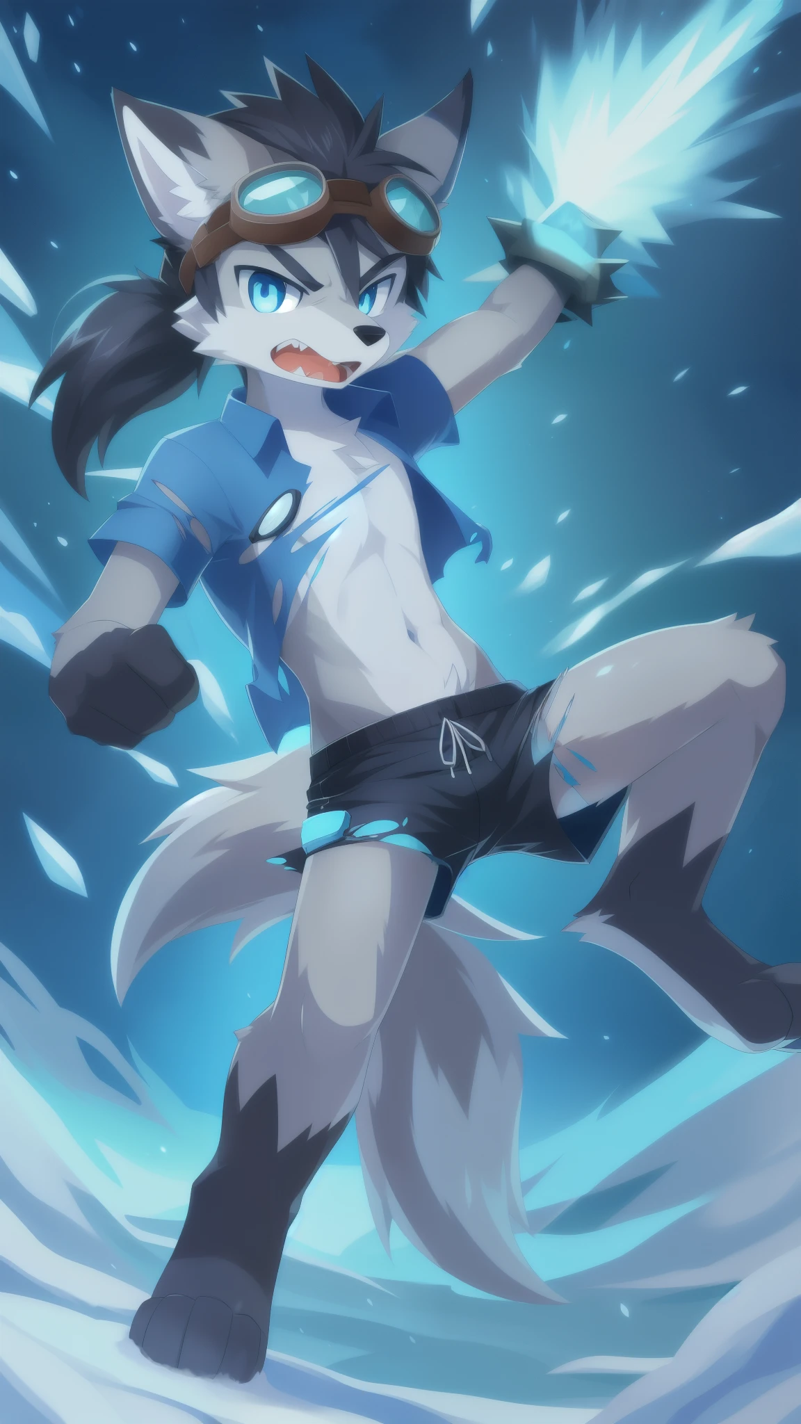 Furry shota, Young, wolf, black hair, long spiky ponytail, blue eyes, detailed body fur, ((torn clothes, blue hawaiian shirt, open clothes, black swim trunks, goggles)), masterpiece, looking at you, fangs, clear grey body fur, detailed face, big eyebrows, detailed eyes, detailed body, detailed body fur, detailed hands, flat body, glistering body, shiny body, skinny, angry expresion, open mouth, looking at you, glow throughout the scene, snow forest, snow rain, injured, ice particles, fight act, action pose, (ice slash effect, ice powers, ice fists, punch), full body, feets whit three toes, solo,