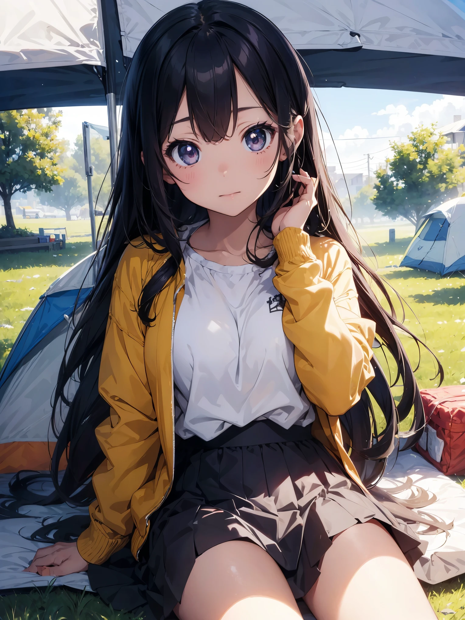 (masterpiece), (highest quality), ((Super detailed beautiful face and eyes)), Bright colors, anime style, young woman, cinematic angle, take a nap at the campsite, Jacket, Loose Skirt, tent, Chii, sun, warm light,