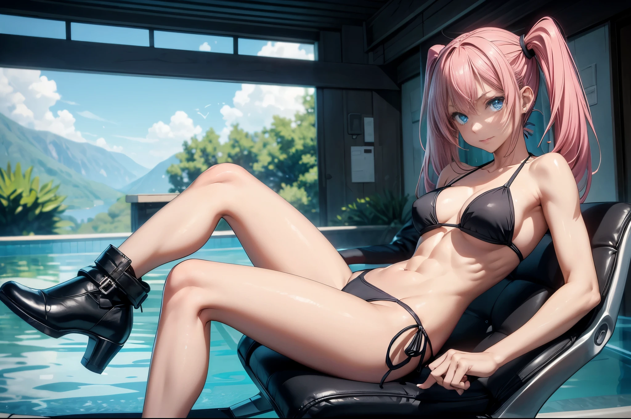 1 girl, (medium breasts))), (((wearing short bikini))), (pink hair), (((blue eyes))), Thin arms, (In the pool), (thin waist), ((( muscular legs))), muscular belly, (wearing a black high heel shoe), (((full body photo))), (twintails), (sitting on chair with legs crossed), long eyes, Eye reflex, bad mood, anime, anime style, ray tracing, Glow, drop shadow, Panorama, Sony FE, 8k, UDisk, artwork, accurate, anatomically correct, super detail, best quality, Ultra high resolution, hard drive, 16k