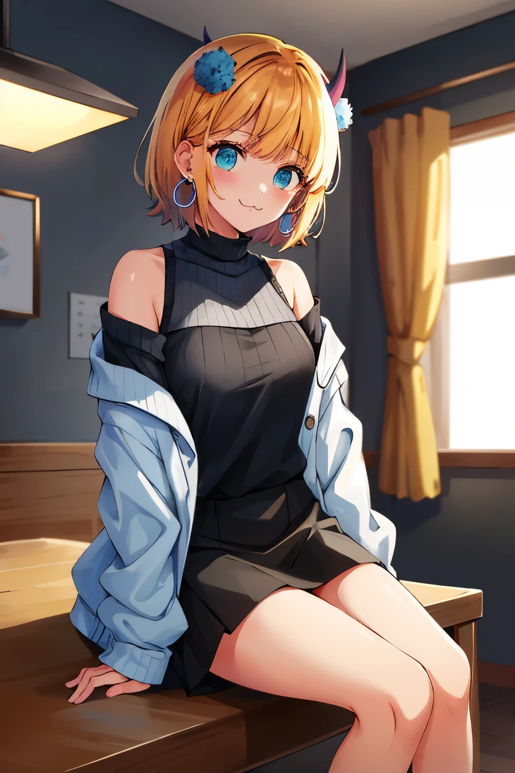 masterpiece, hightquality, Hi-Res, MEMcho, Indoors, cowboy shot, Black skirt, The shirt, off shoulders, off-the-shoulder sweater, (Light blue sweater:1.2), sleeveless shirts, High Neck Sleeveless Shirt, Black shirt, Sweaters, Sweater sleeve wrist too much, sitting on, hoop earrings,animesque、a blond、Only the head is black