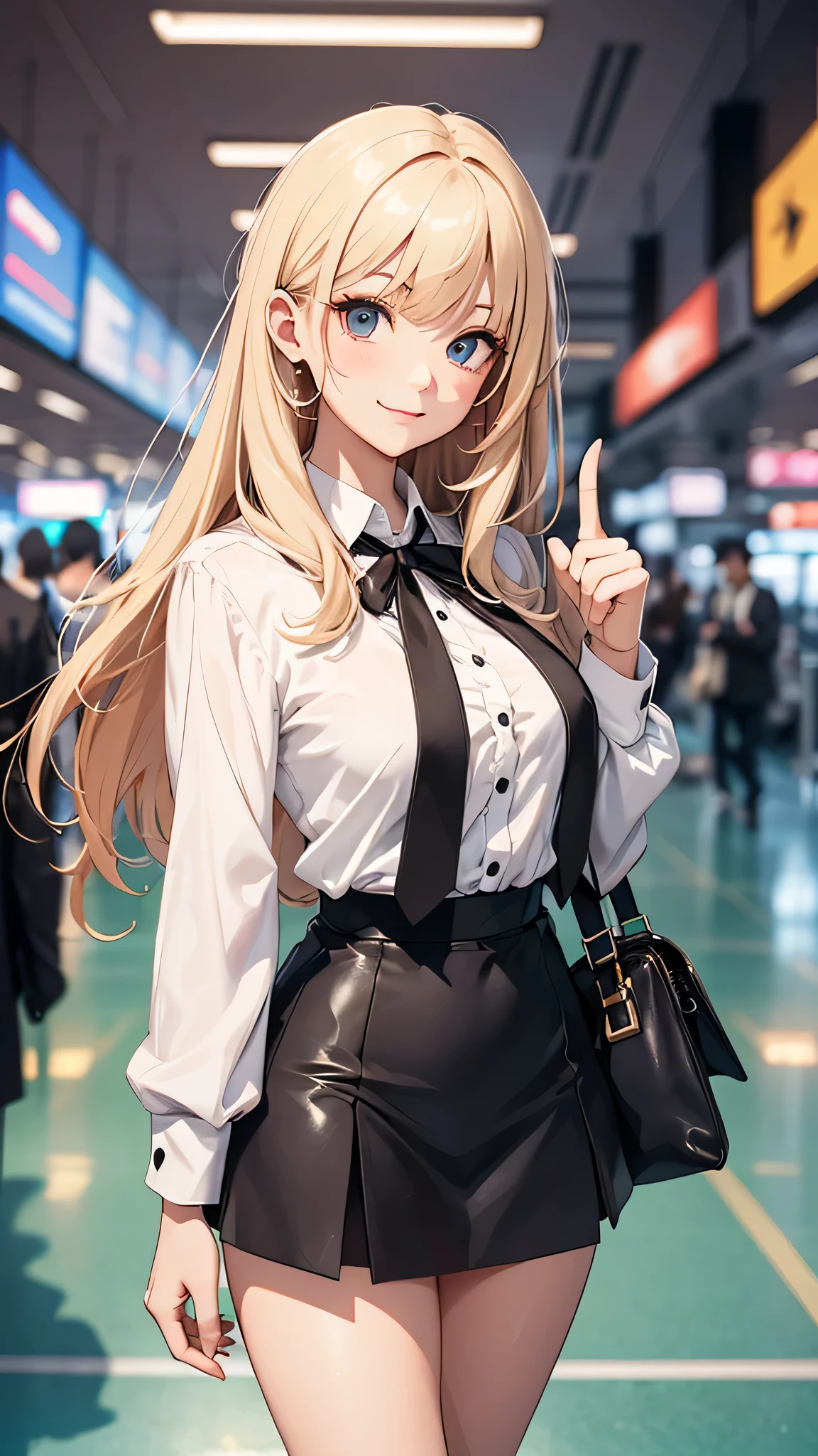 最high quality、best image quality、masterpiece、teenage girl((20-year-old、 By becoming、vest bust、medium bust,wide open breast tea、black eye, blonde hair、long hair、thin,highest valley、black suit、walk、black short skirt,chest、Eyeshadow Makeup、I have a carry bag、greeting、pointing、smile、leaning forward、Midwest)),high quality、beautiful art、background((In the airport))、debris flies、Depth of written boundary、movie、visual art、perfect art、8K,genuine