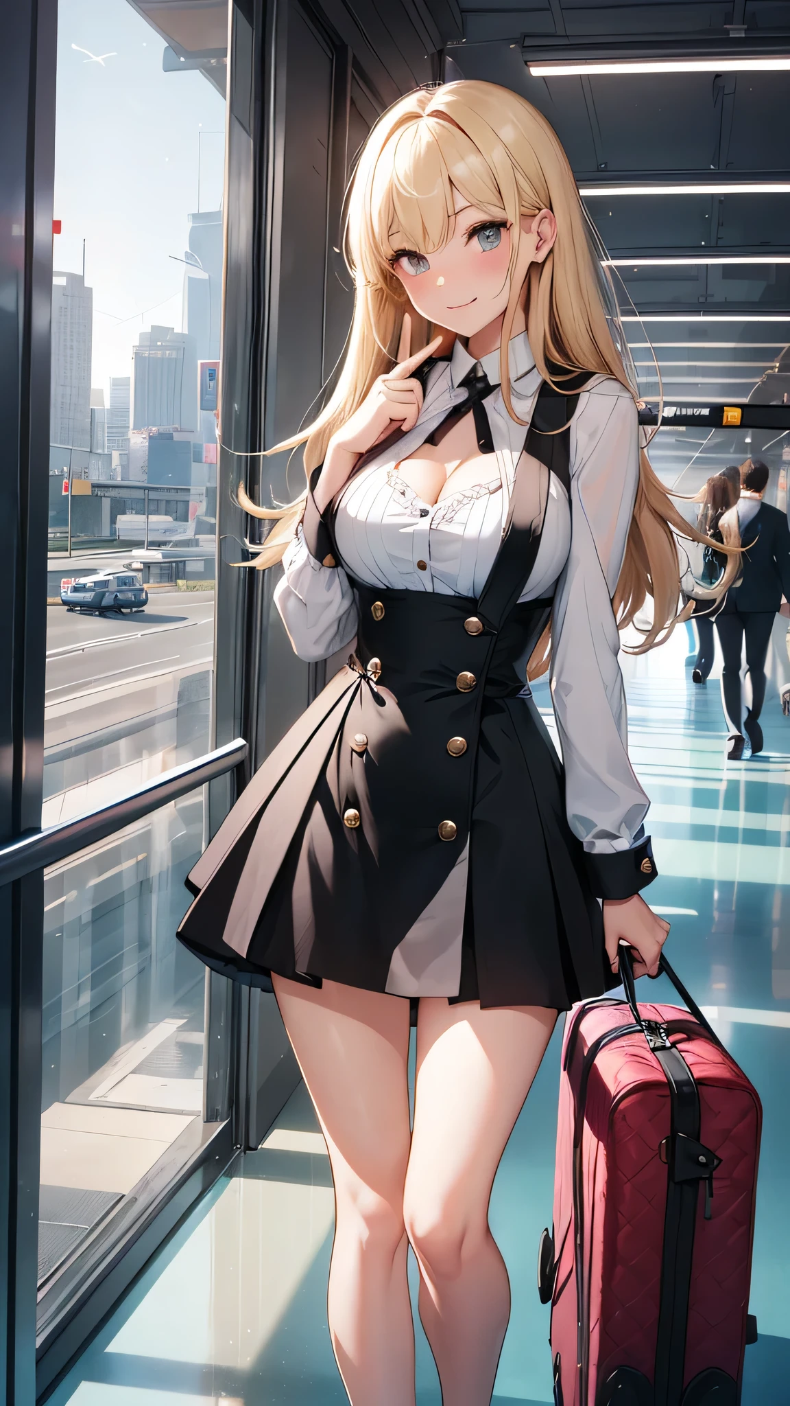 最high quality、best image quality、masterpiece、teenage girl((20-year-old、 By becoming、vest bust、medium bust,wide open breast tea、black eye, blonde hair、long hair、thin,highest valley、black suit、walk、black short skirt,chest、Eyeshadow Makeup、I have a carry bag、greeting、pointing、smile、leaning forward、Midwest)),high quality、beautiful art、background((In the airport))、debris flies、Depth of written boundary、movie、visual art、perfect art、8K,genuine