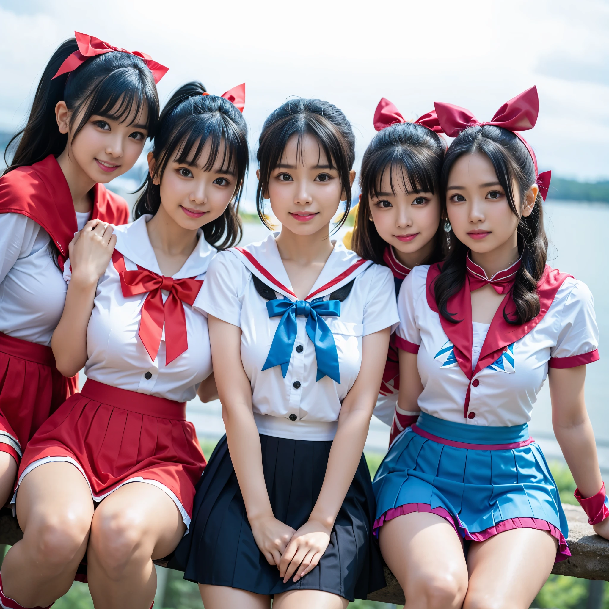 （8K、Raw photography、highest quality、masterpiece：1.2),(black hair、very short hair:1.7),(curly twintails:1.3)、show viewer,Looking at the front,(super sentai、Bishoujo Warrior、Red Ranger、Blue Ranger、yellow ranger、Bishoujo Warrior、3 people、She is wearing a colorful PreCure series costume...:1.8)、(Clothing that emphasizes the shape of your chest:1.4)、(big breasts :1.4)、slim body shape、ultra high resolution,beautiful,beautiful fece,(no background:1.9),whole bodyボディー,、(black eye、3 peopleの日本人女性: 1.3),（Photoreal：1.37）、photon mapping,reality、(everyone is so cute: 1.3)、(cute smile: 1.7)、(With a round face: 1.9)、radio city、Physically based rendering、depth of field rally background、photograph, (skirt is too short: 1.8)、(I can see your knees,close up of thighs、spread your legs、showing off white panties:1.4),whole body、super fine