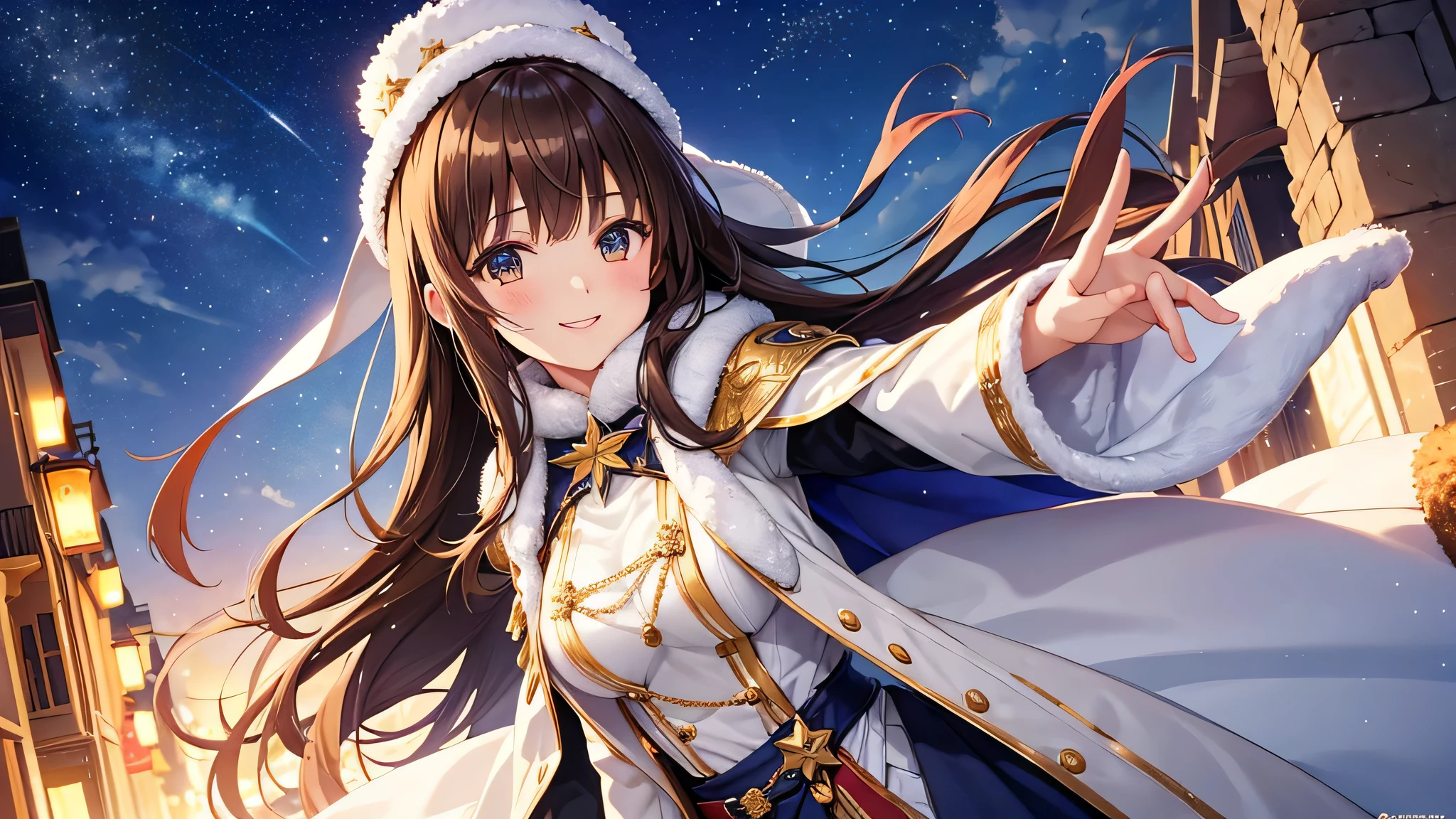 Create a widescreen image of a winter-themed anime girl. she has been for a long time, With brown hair decorated with star decorations、Flowing cape with fur trim and star pattern. The girl is smiling、He holds out his hand as if inviting the viewer to join him.. The background is filled with the soft light of yellow street lamps and a deep blue twilight sky, Create a warm and winter atmosphere. she looks magical and fantastic, Snowflakes shine delicately around her..